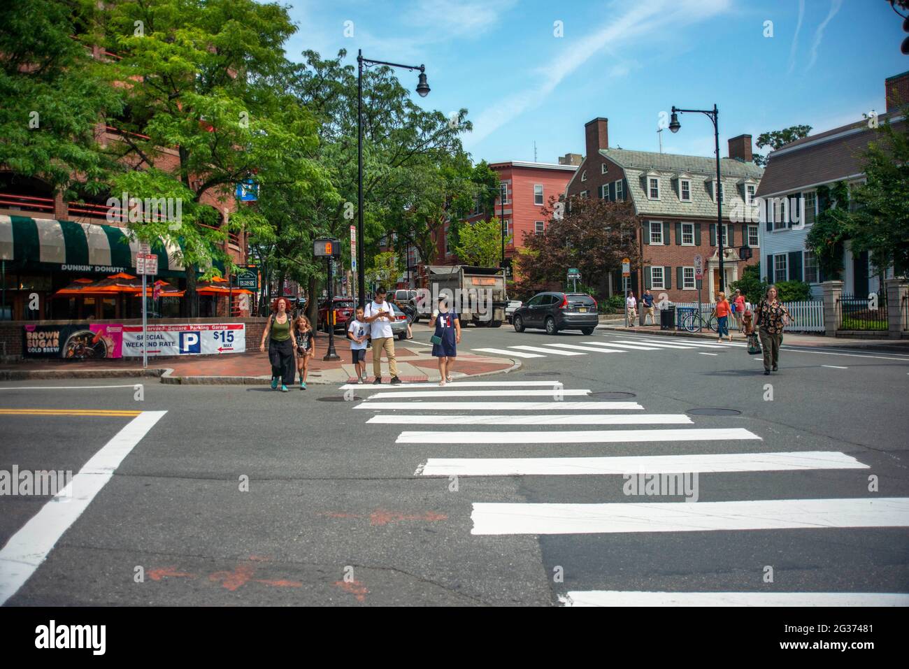 Crosswalk and shops in the near Harvard university and Harvard Square