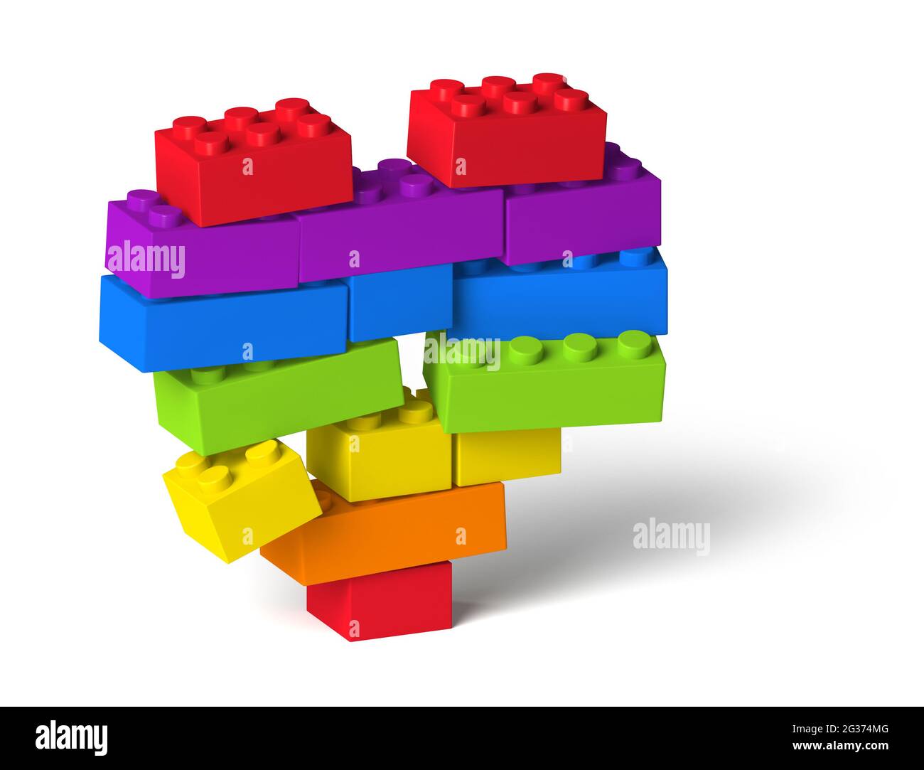 Rainbow color heart break 3d symbol collapsing, built of colorful toy building block tiles, isolated on white, drop shadow Stock Photo