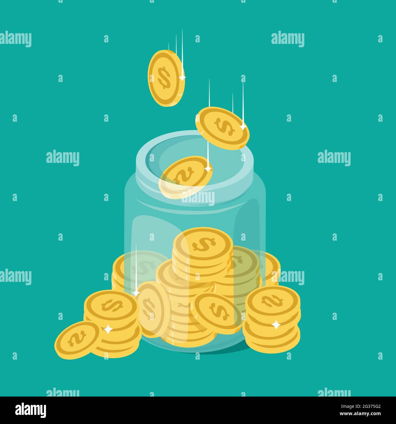 Glass money jar full of gold coins. Saving dollar coin in moneybox. Growth, income, savings, investment. Symbol of wealth. Business success. Vector il Stock Vector