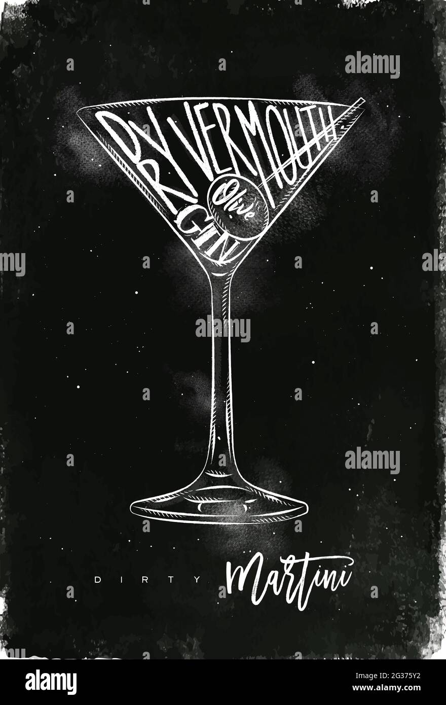 Dirty martini cocktail lettering dry vermouth, gin, olive in vintage graphic style drawing with chalk on chalkboard background Stock Vector