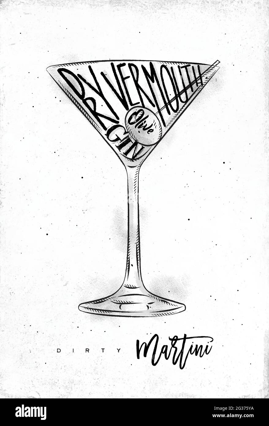 Dirty martini cocktail lettering dry vermouth, gin, olive in vintage graphic style drawing on dirty paper background Stock Vector