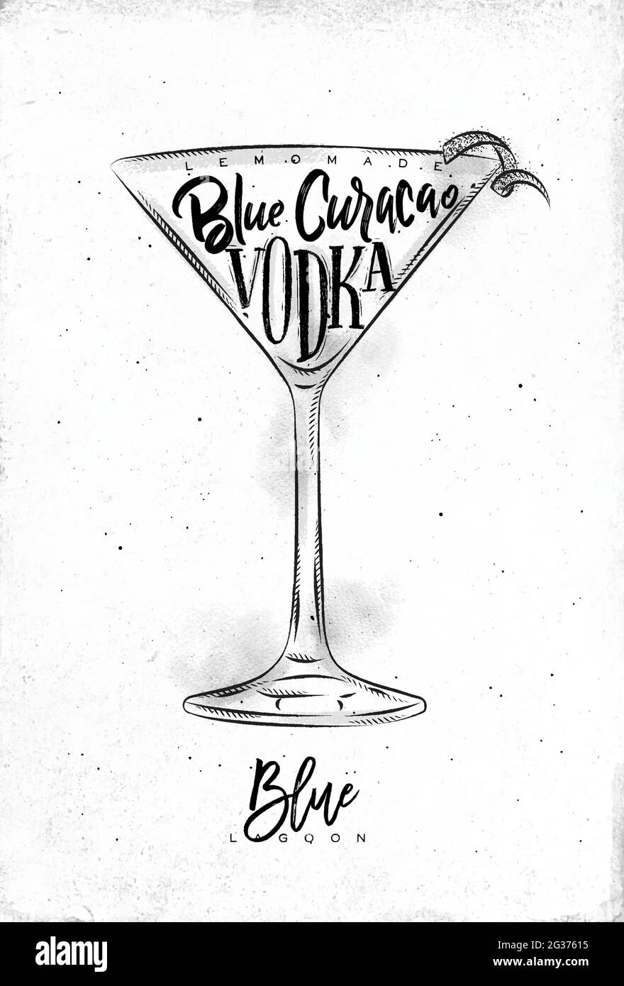 Blue lagoon cocktail lettering cranberry juice, cointreau, vodka, lime