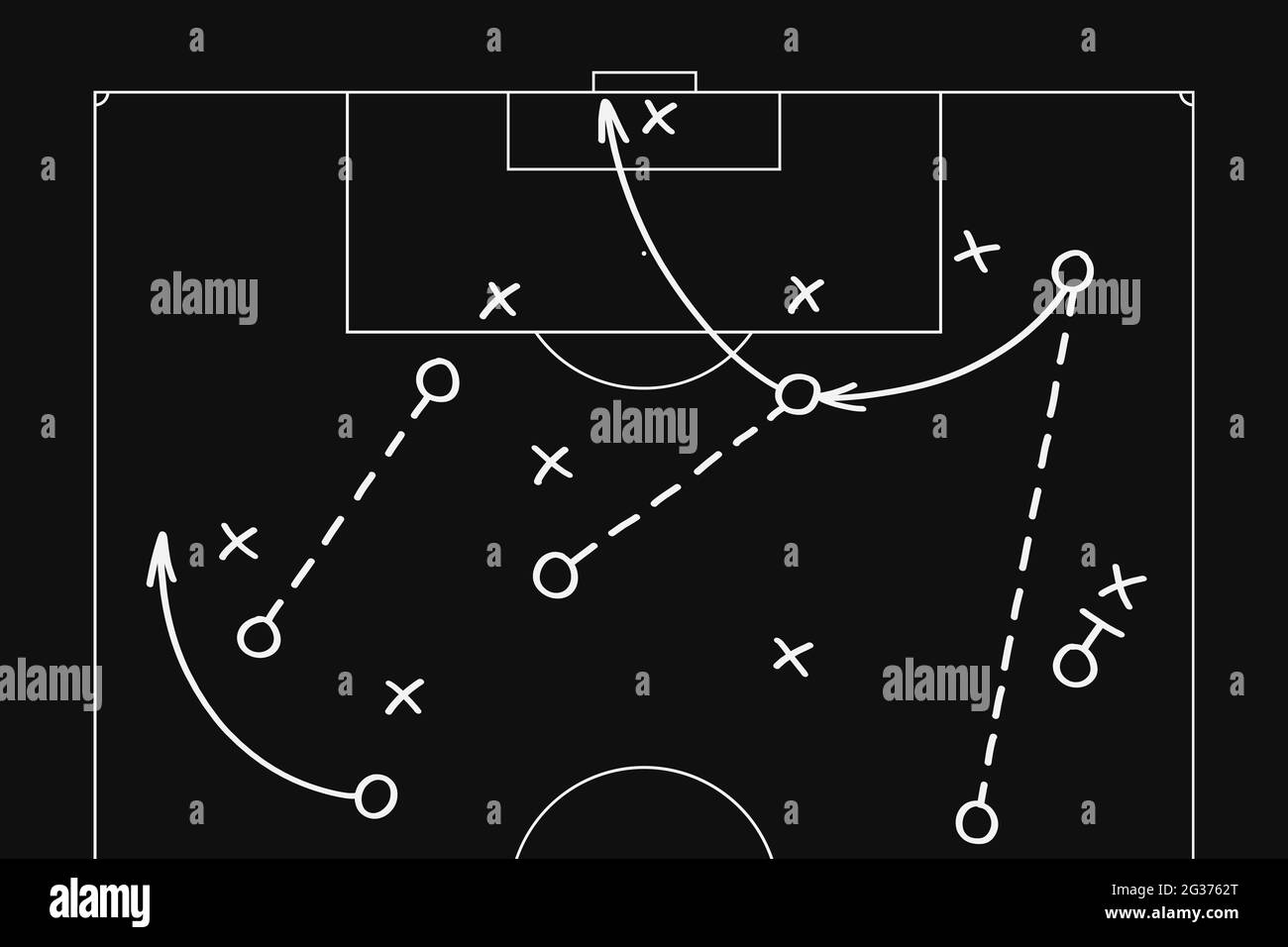 Football soccer game playbook, tactics and strategy diagram drawn with white marker on blackboard. Stock Photo