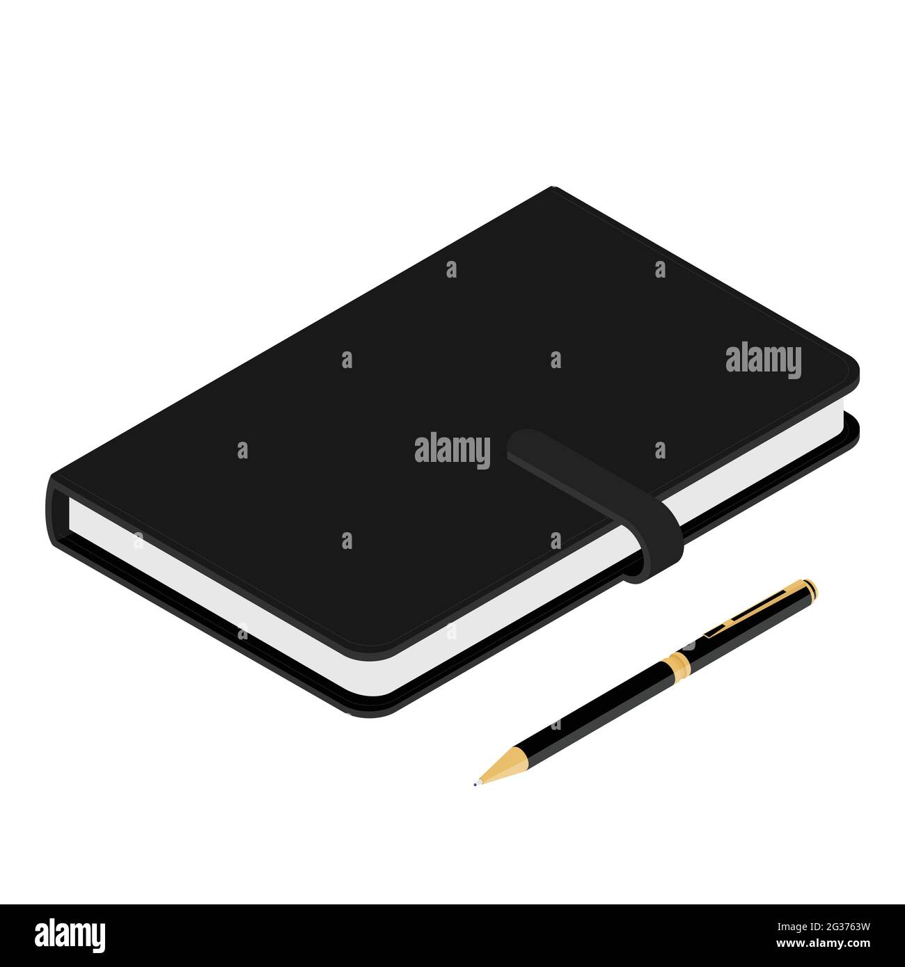 Black leather notebook, notepad and ballpoint pen isolated on white background, isometric view. Vector Stock Vector