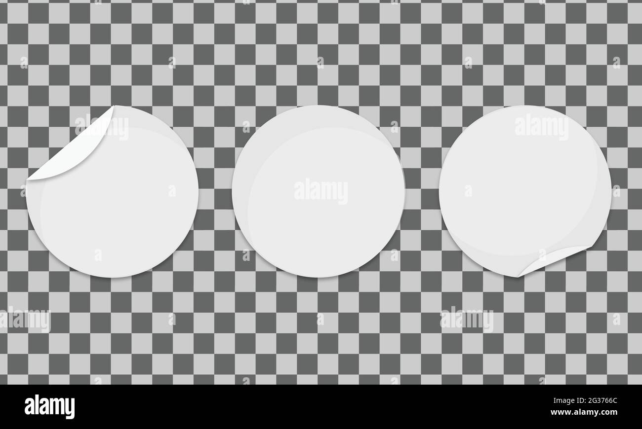 Circle adhesive symbols. White tags, paper round stickers with peeling ...