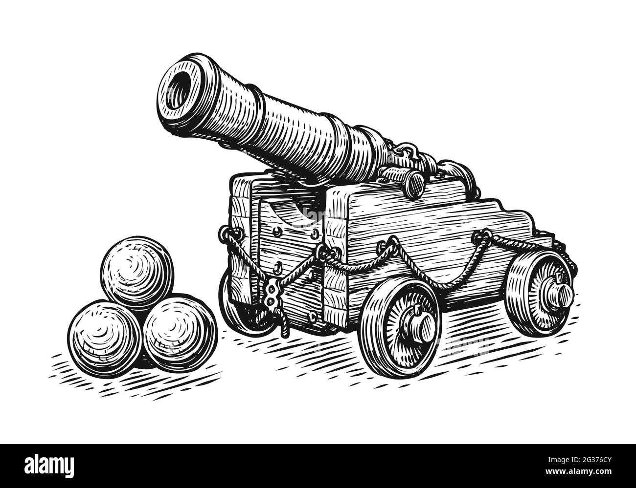 Old pirate ship cannon and cannonballs. Sketch vintage vector illustration Stock Vector