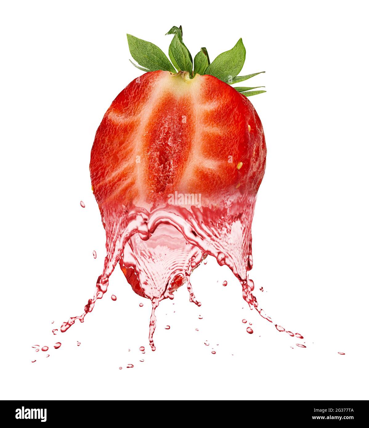 Fresh ripe strawberry, strawberry and juice . Tasty red strawberry fruit juice splashing isolated Stock Photo