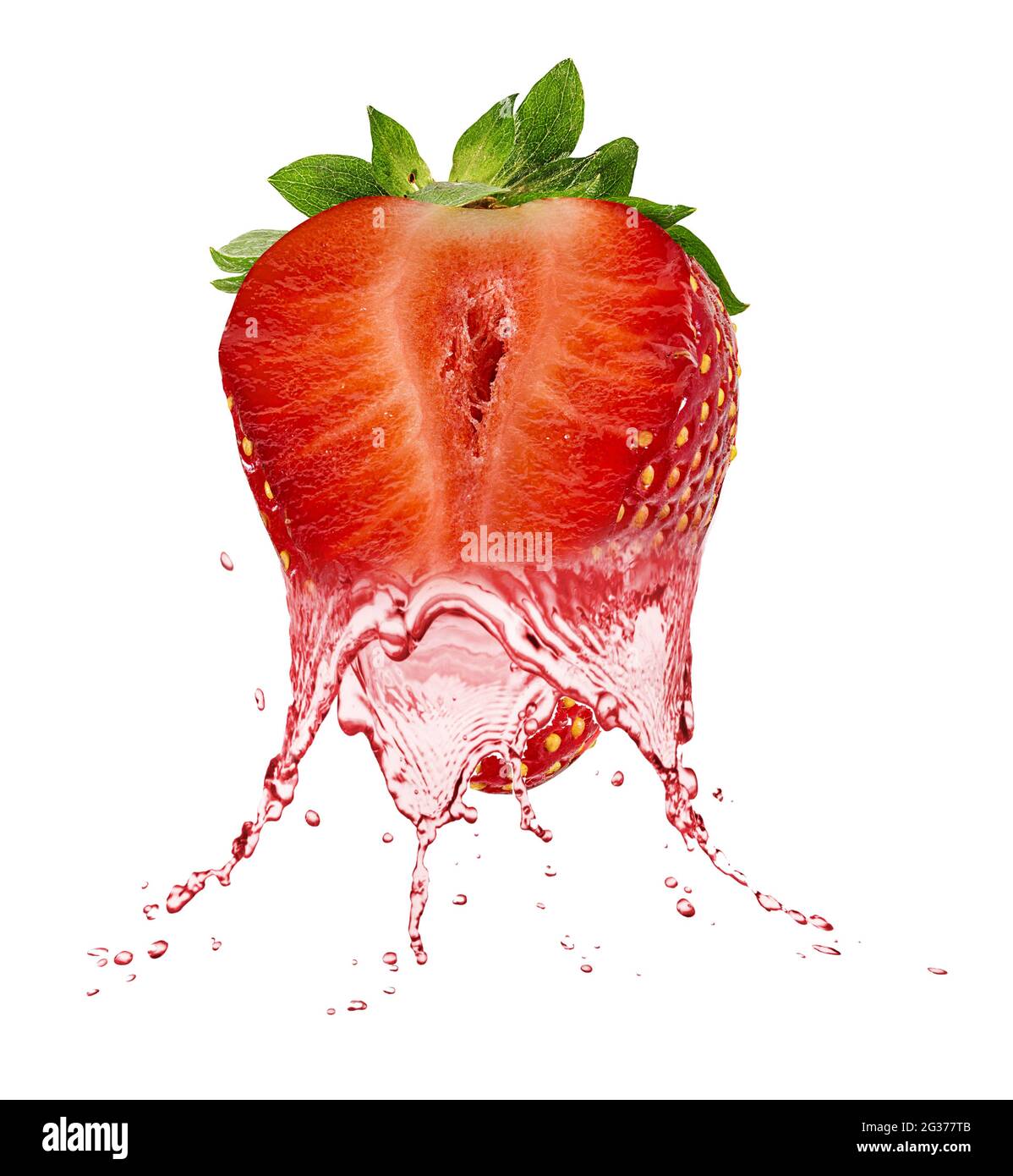 Fresh ripe strawberry, strawberry and juice . Tasty red strawberry fruit juice splashing isolated Stock Photo
