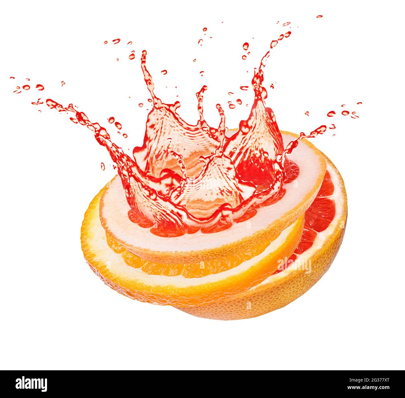 Fresh ripe grapefruit, grapefruit and juice . Tasty red grapefruit fruit juice splashing isolated Stock Photo