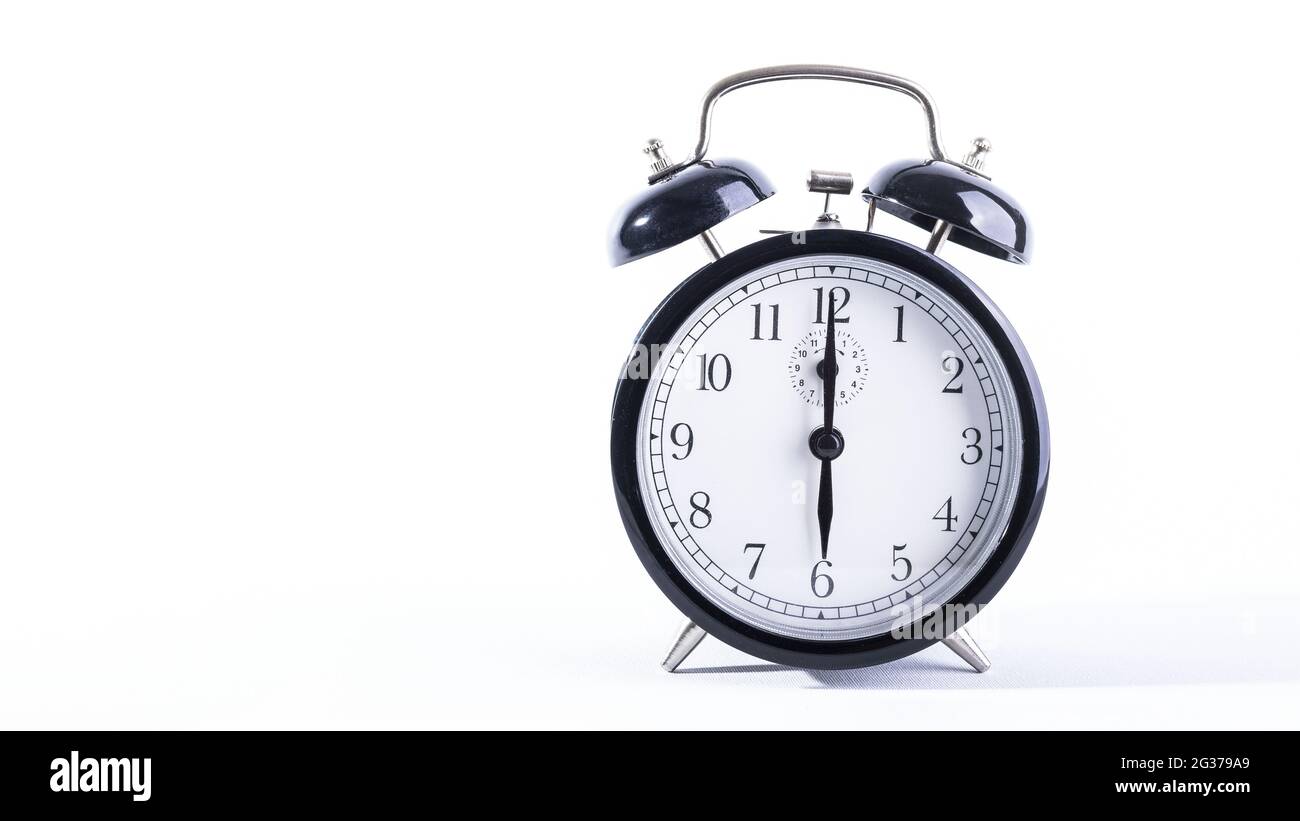Black alarm clock isolated on a white background Stock Photo - Alamy