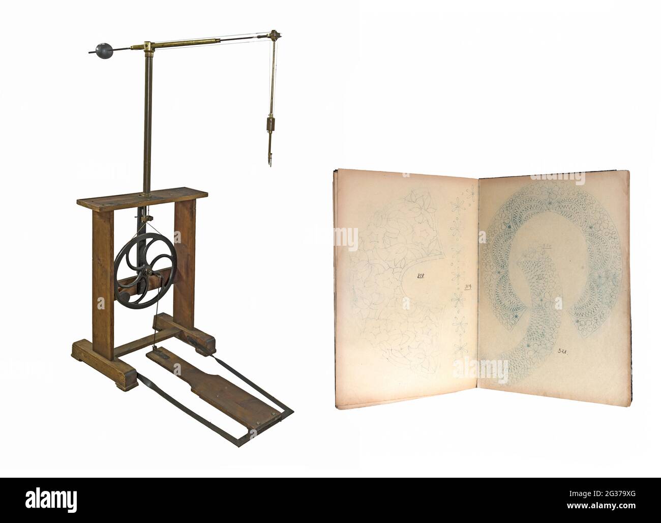 Piercing machine and pattern sheet around 1900, Industrial Museum Lauf an der Pegnitz, Middle Franconia, Bavaria, Germany Stock Photo