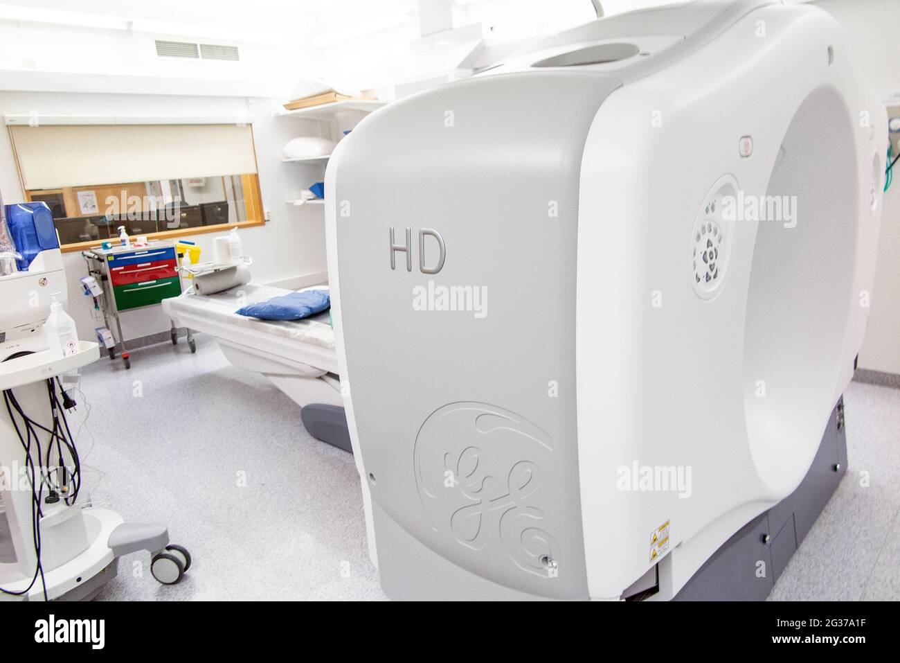 Hospital X-Ray machine and table without people,  machine for magnetic resonance imaging in hospital radiology Stock Photo