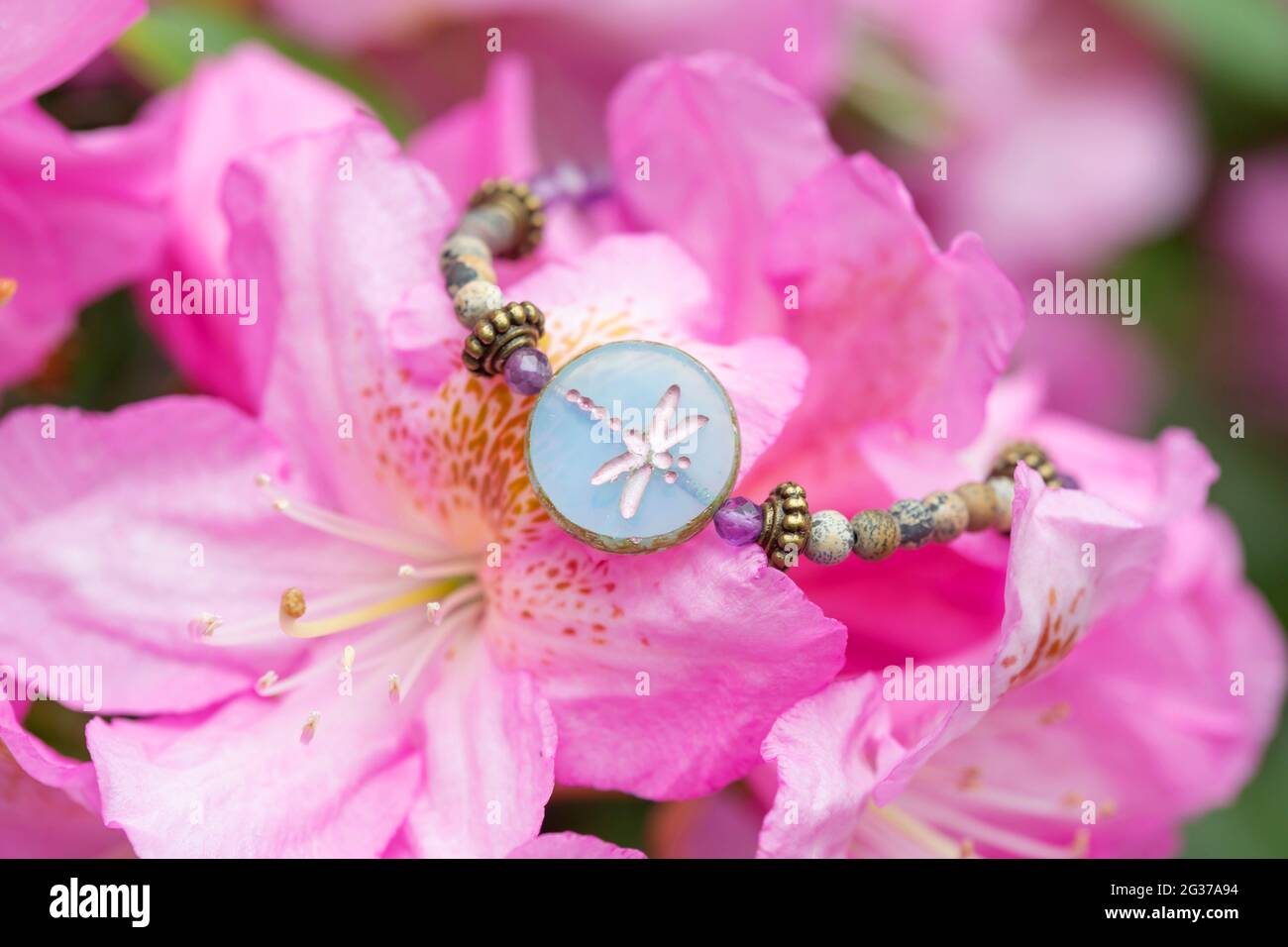 Dragonfly glass bead bracelet on blooming flower Stock Photo