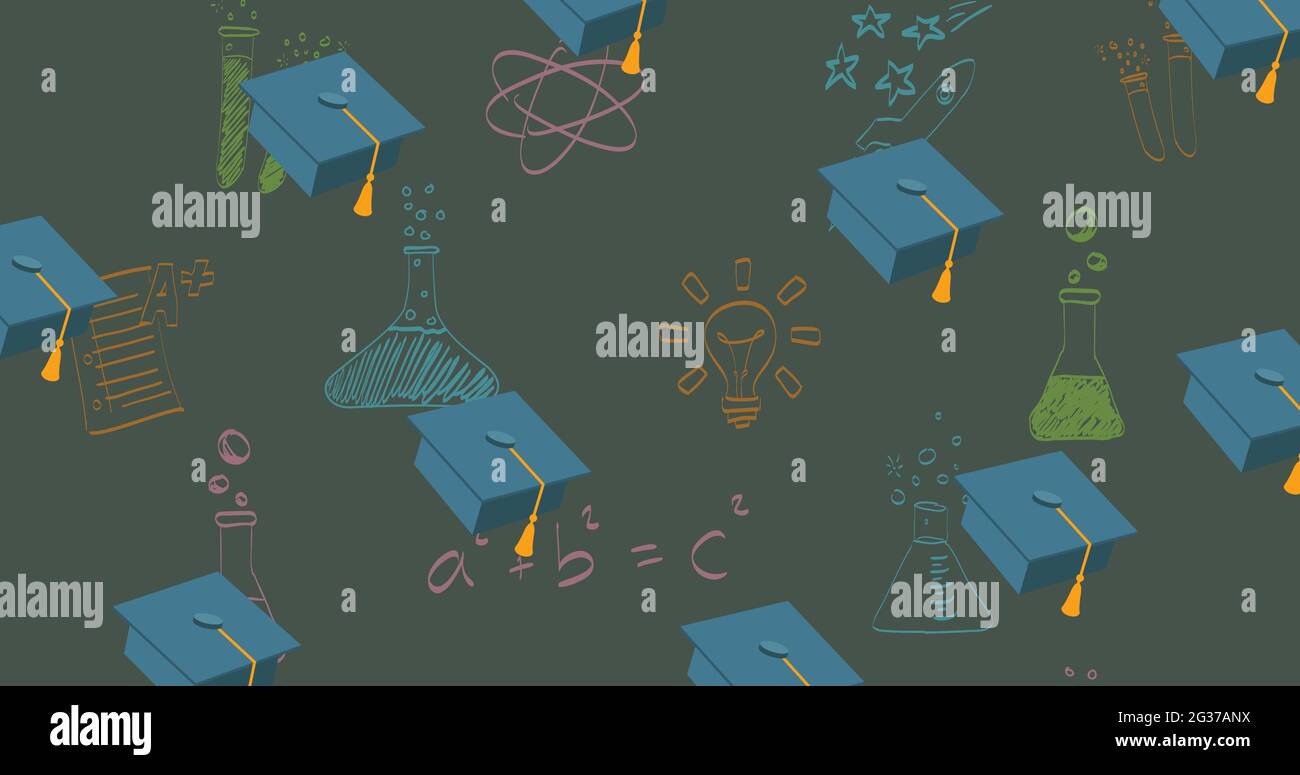 Composition of blue mortarboards over chalk drawings on chalkboard Stock Photo Alamy