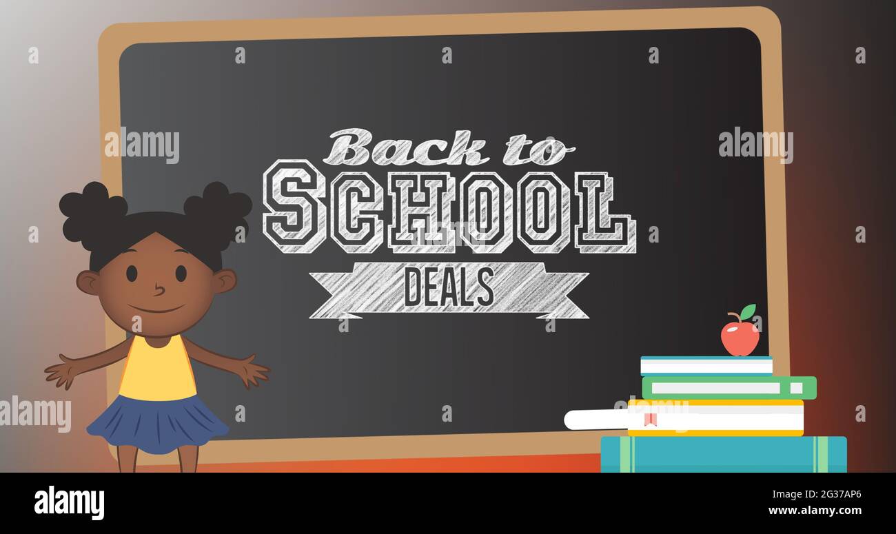 Composition of text back to school deals on chalkboard with cartoon schoolgirl, books and apple Stock Photo