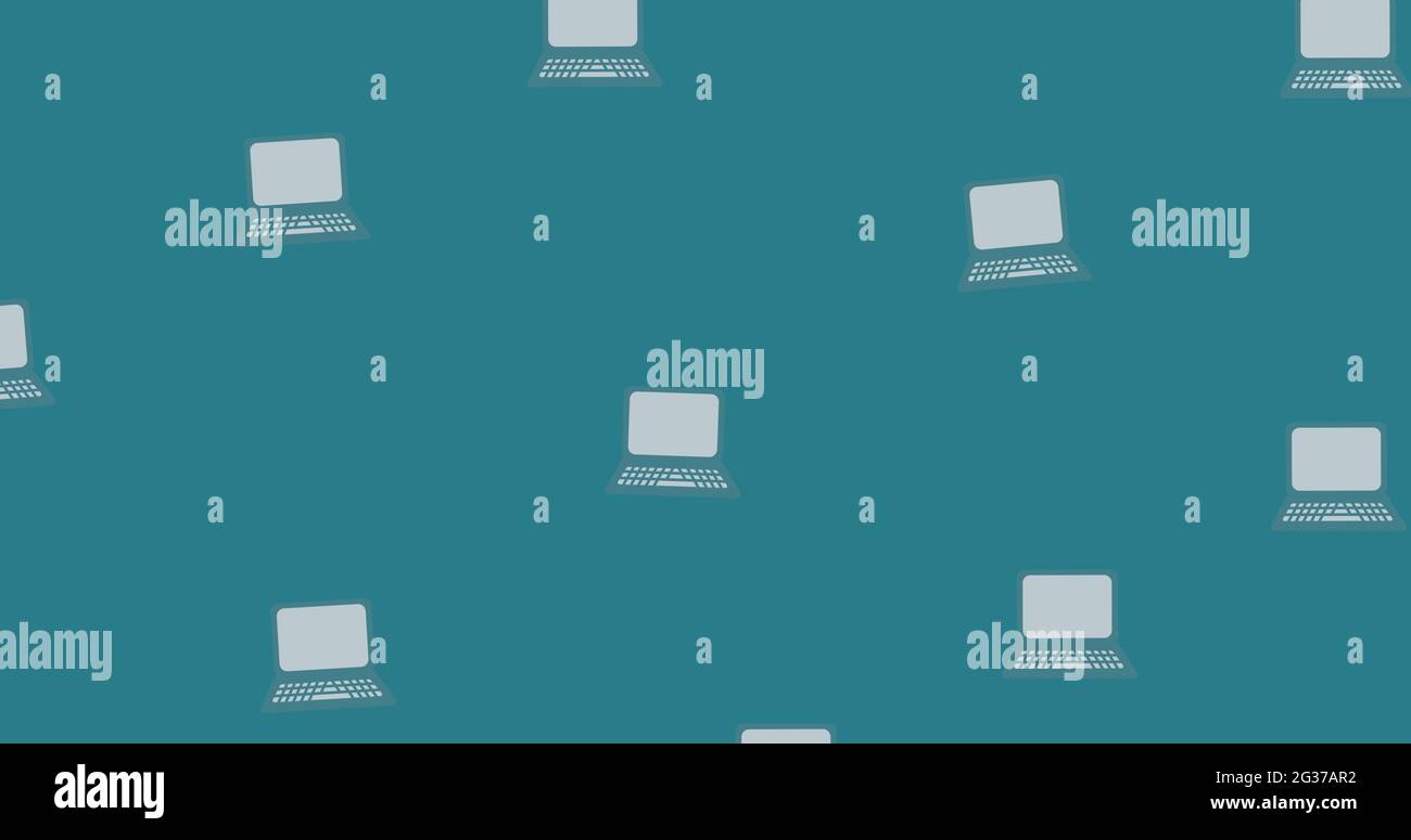 Composition of grey laptop computers floating on mid blue background Stock Photo