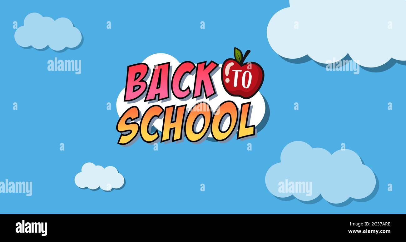 Composition of colourful back to school text on white cloud in blue sky ...