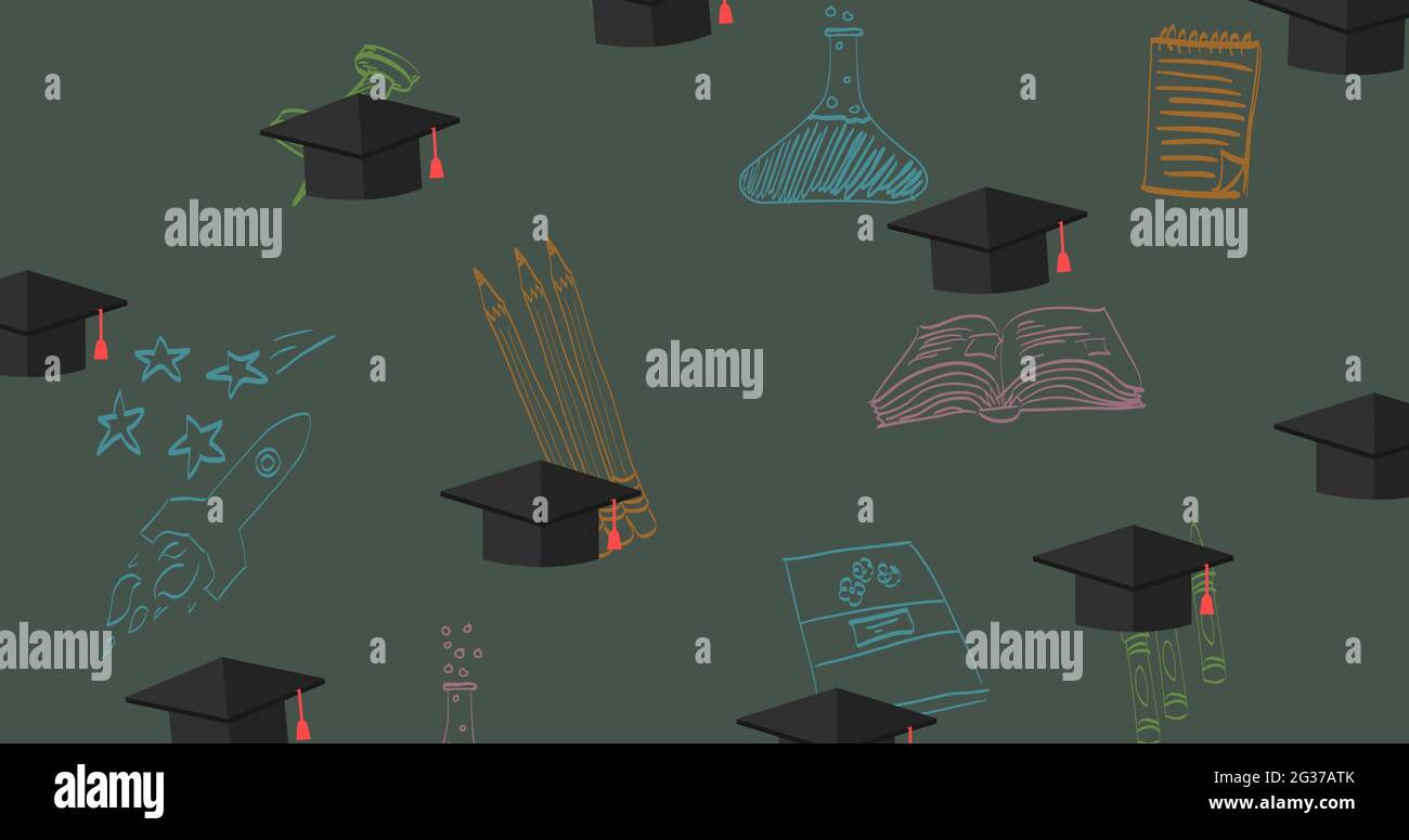 Composition of repeated mortarboards over colourful chalk drawings on chalkboard Stock Photo Alamy