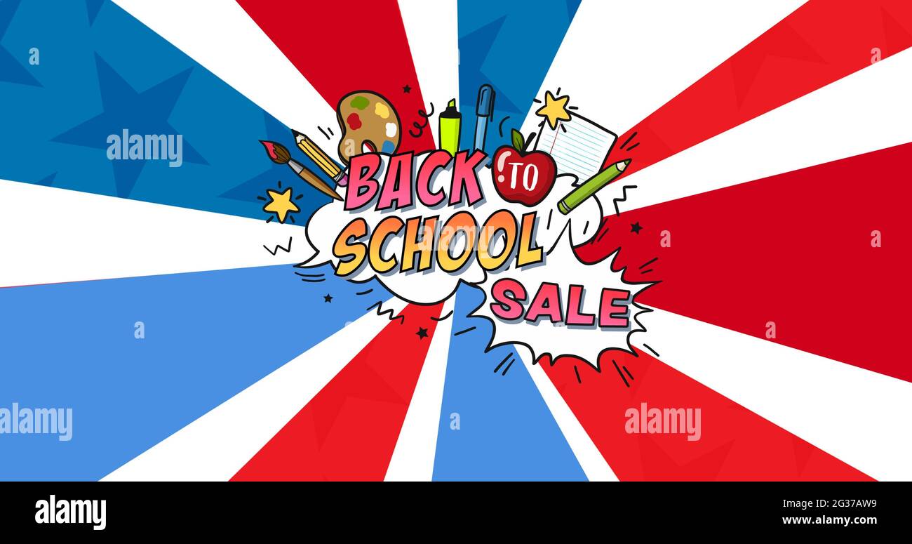 Composition of back to school sale text with stationery over radiating red, blue and white bands Stock Photo