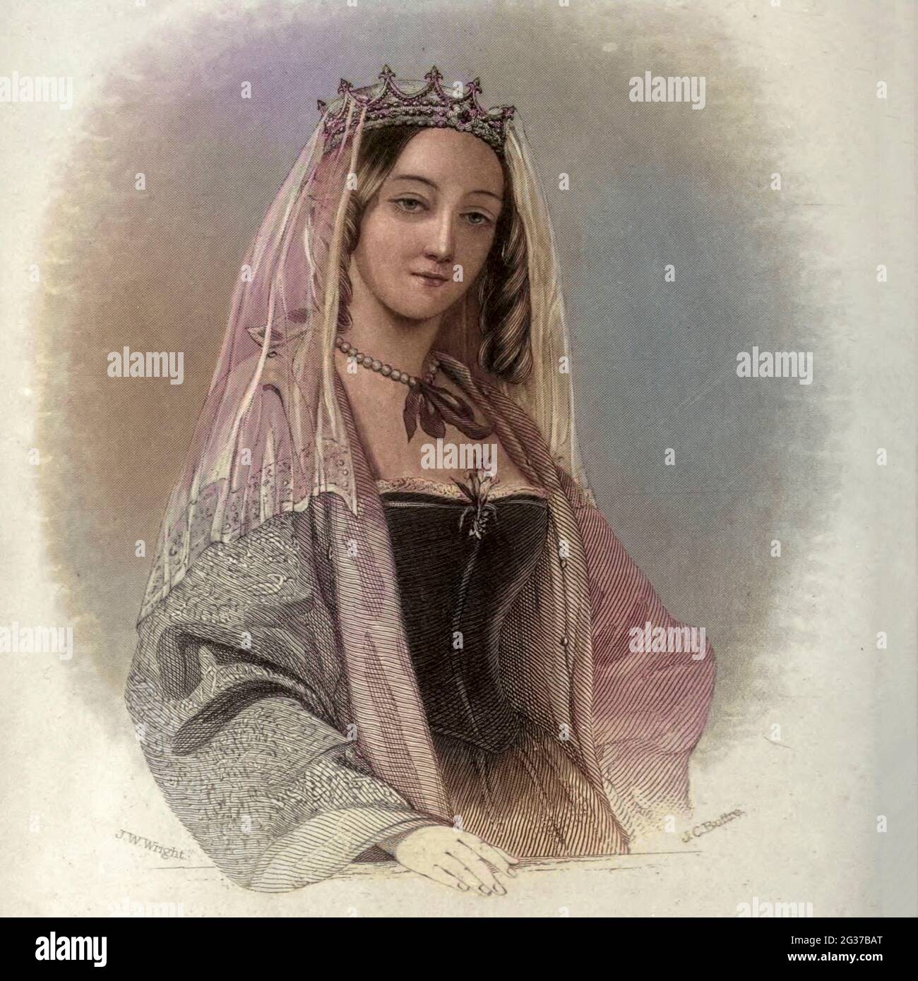 Machine colourised Berengaria of Navarre (c. 1165–1170 – 23 December 1230) was queen of England as the wife of Richard I (Richard Coeur de Lion, Lionheart) of England. She was the eldest daughter of Sancho VI of Navarre and Sancha of Castile. She did (unusually for the wife of a crusader) accompany her husband on the start of the Third Crusade, but mostly lived in his French possessions, where she gave generously to the church, despite difficulties in collecting the pension she was due from Richard's brother and successor John after she became a widow. From the book Heroines of the crusades by Stock Photo
