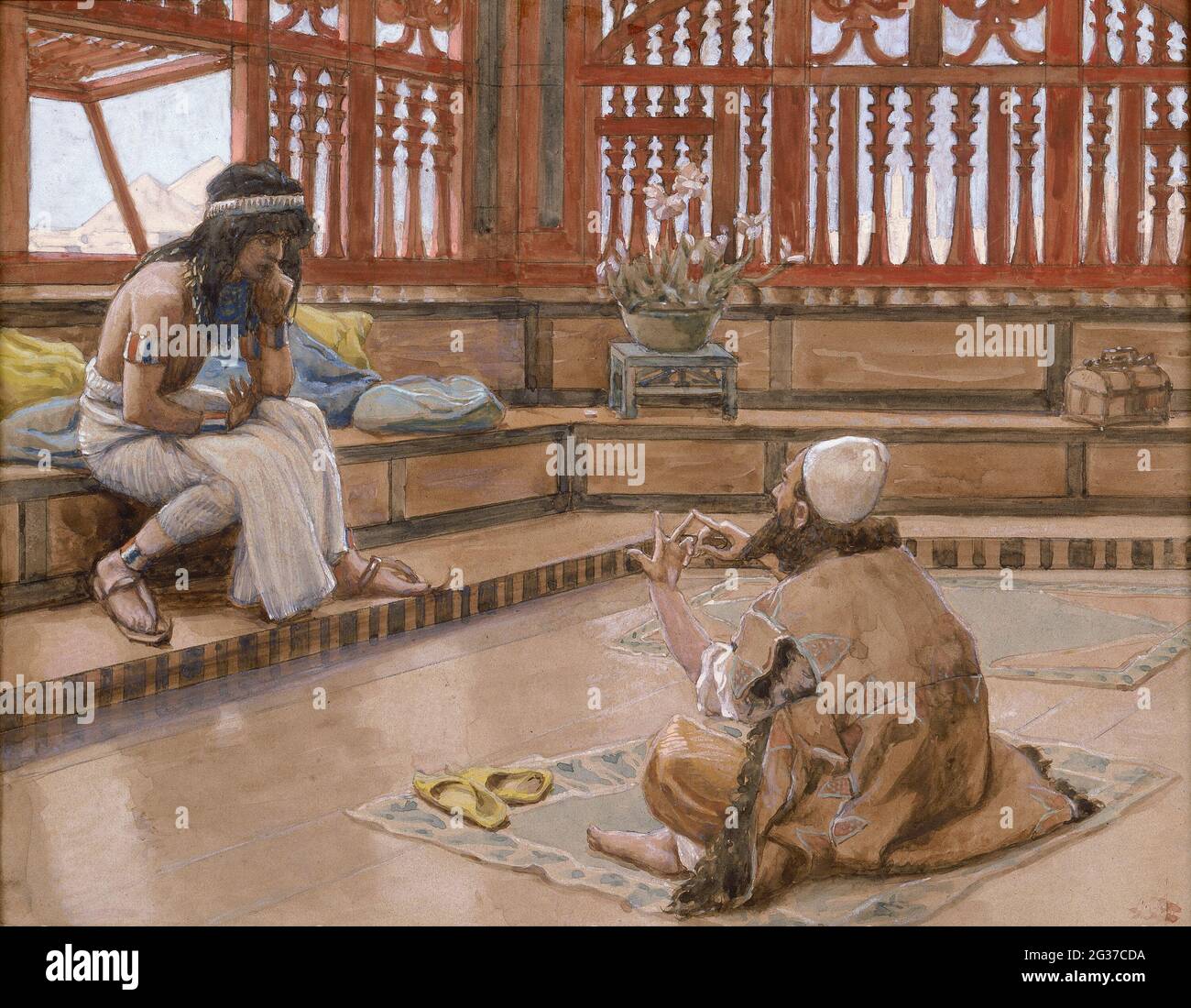 Joseph Converses with Judah, His Brother. Gouache paint on cardboard by James Tissot  1896-1902 Stock Photo