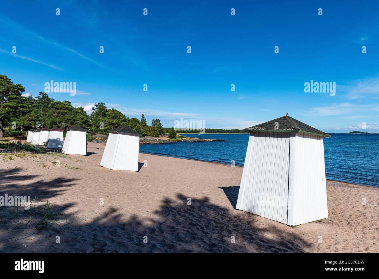 Beach huts on a deserted beach, Hanko, southern Finland Stock Photo