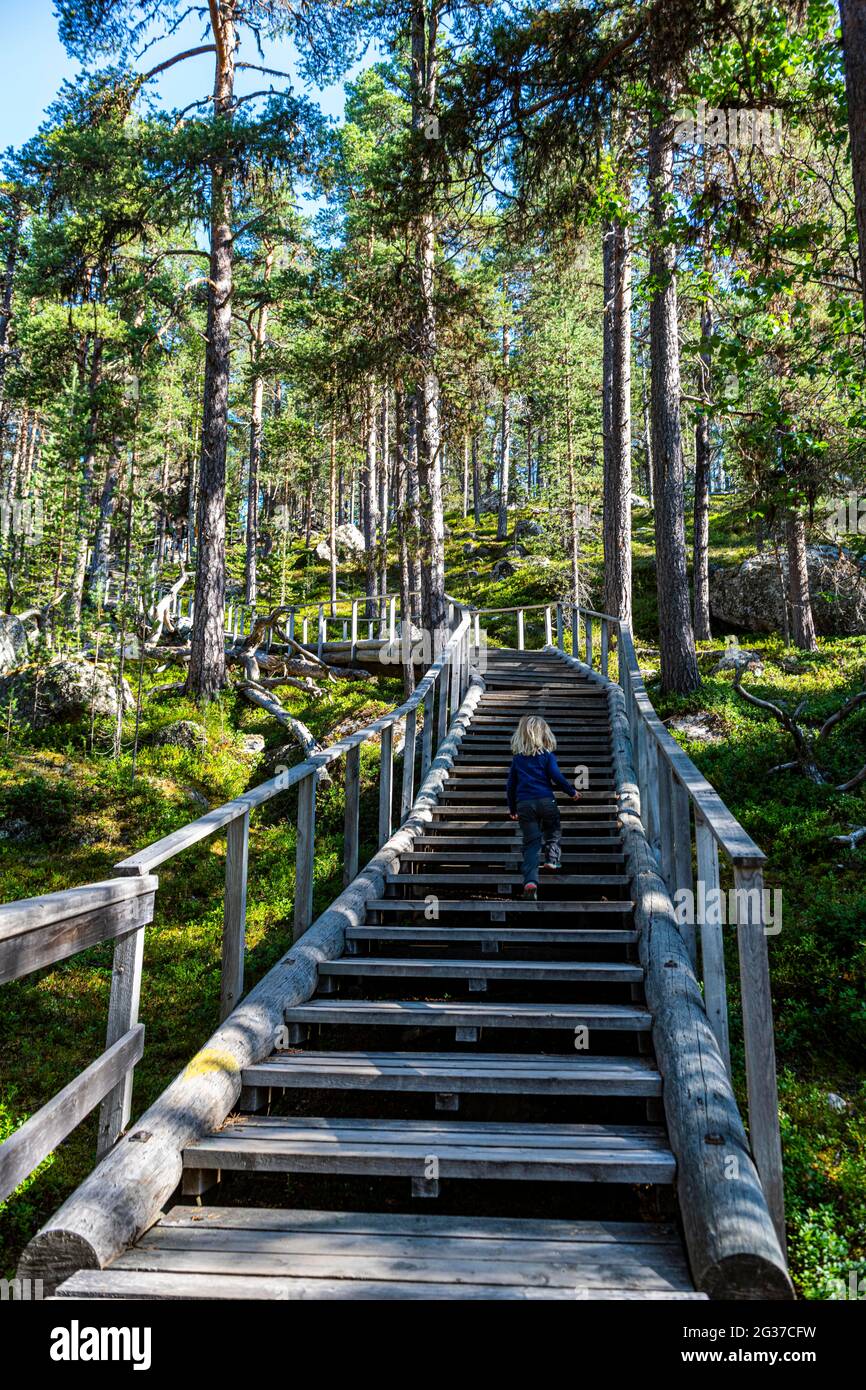 Wooden stairs to the 'Bear's Den' Tafone Rock, Inari, Lapland, Finland Stock Photo