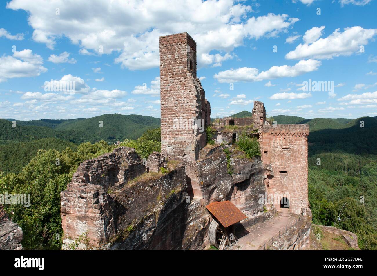 Medieval rock castle, Altdahn Castle, castle ruins, keep (left) and south tower (right), red red sandstone, Dahner Burgengruppe, Dahner Felsenland Stock Photo