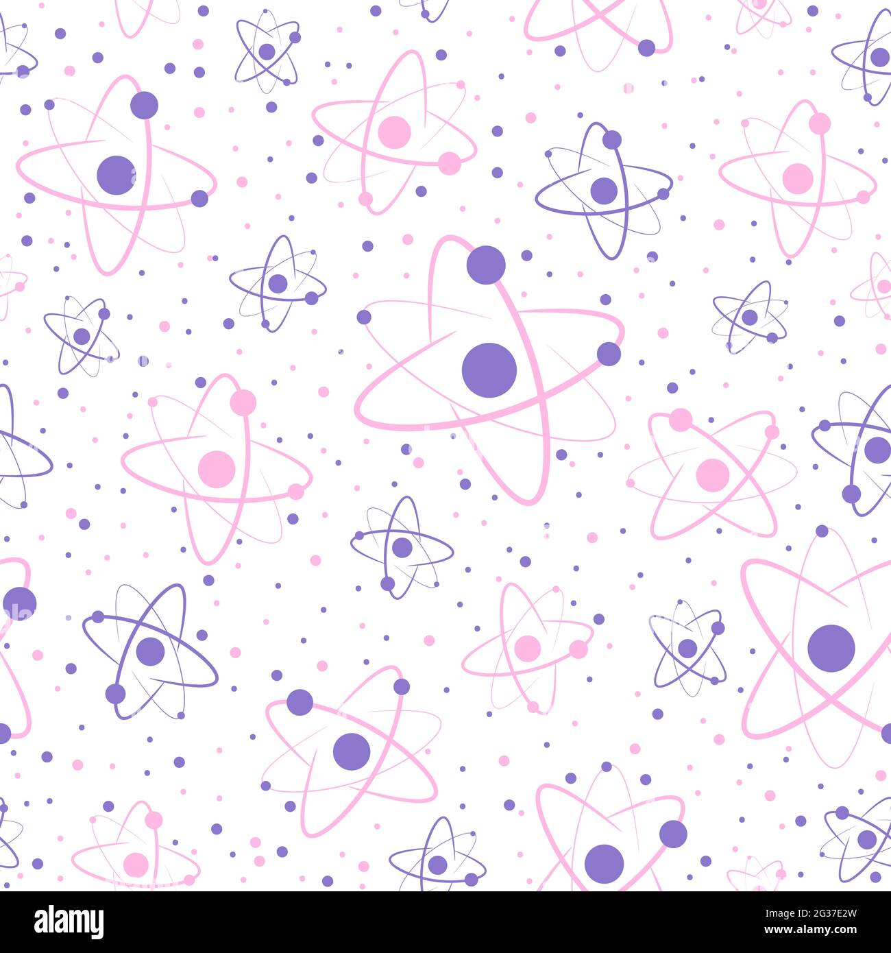 Pink and purple seamless pattern with chemical elements. Repeat background with atoms, protons and neutrons. Energy and molecular cells texture about Stock Vector