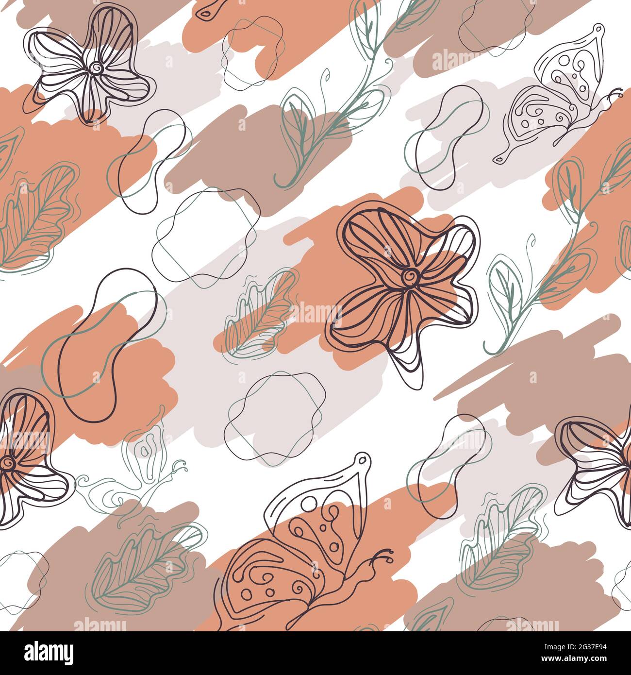 Minimal abstract wall painting. Line art seamless pattern with contour of butterflies, flowers, leaves and amoeba. Repeat background Stock Vector
