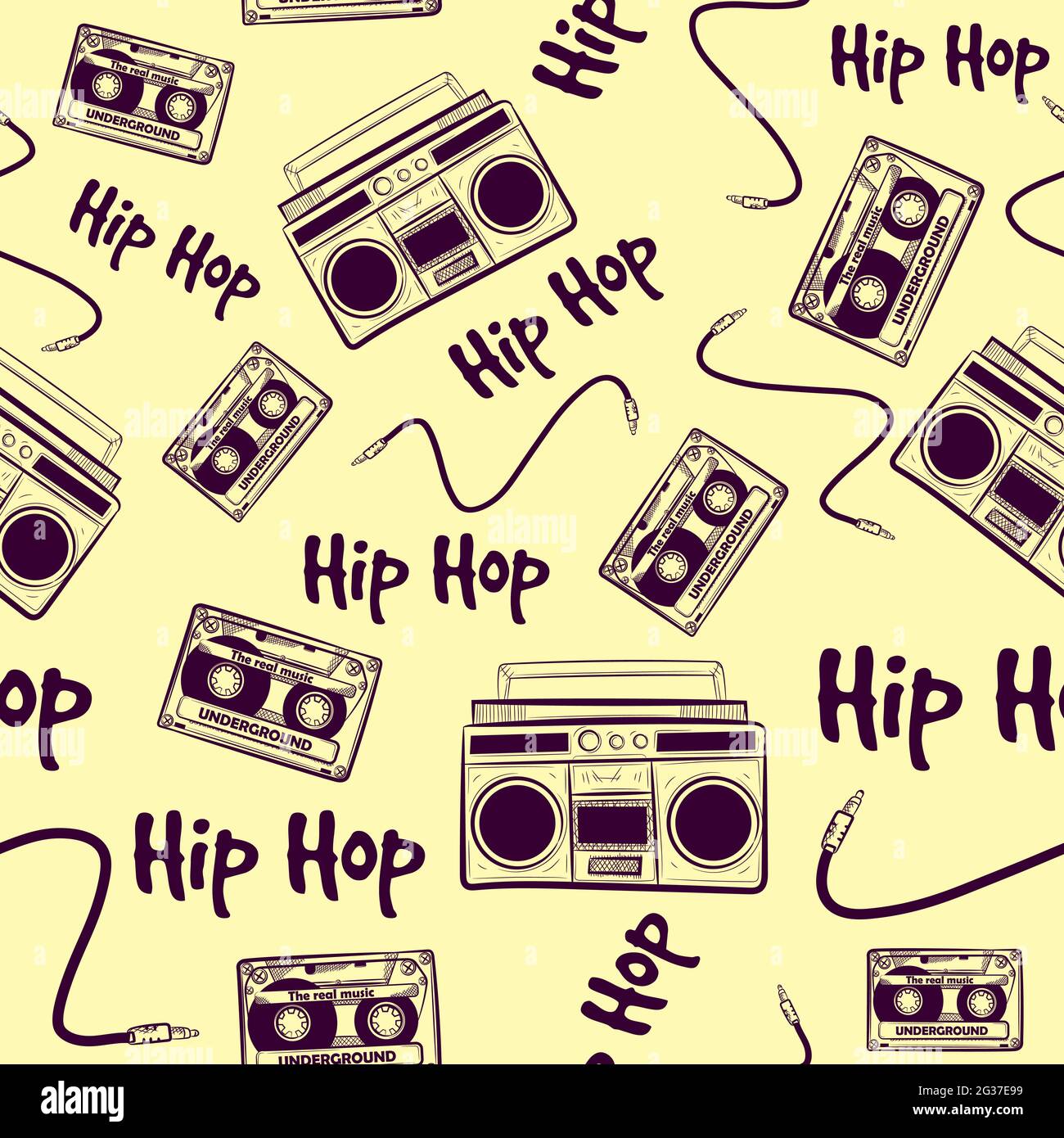 Vintage seamless pattern with old music hip hop elements. Repetitive background with boomboxes, cassettes and cables. Nostalgic retro art from the 90s Stock Vector