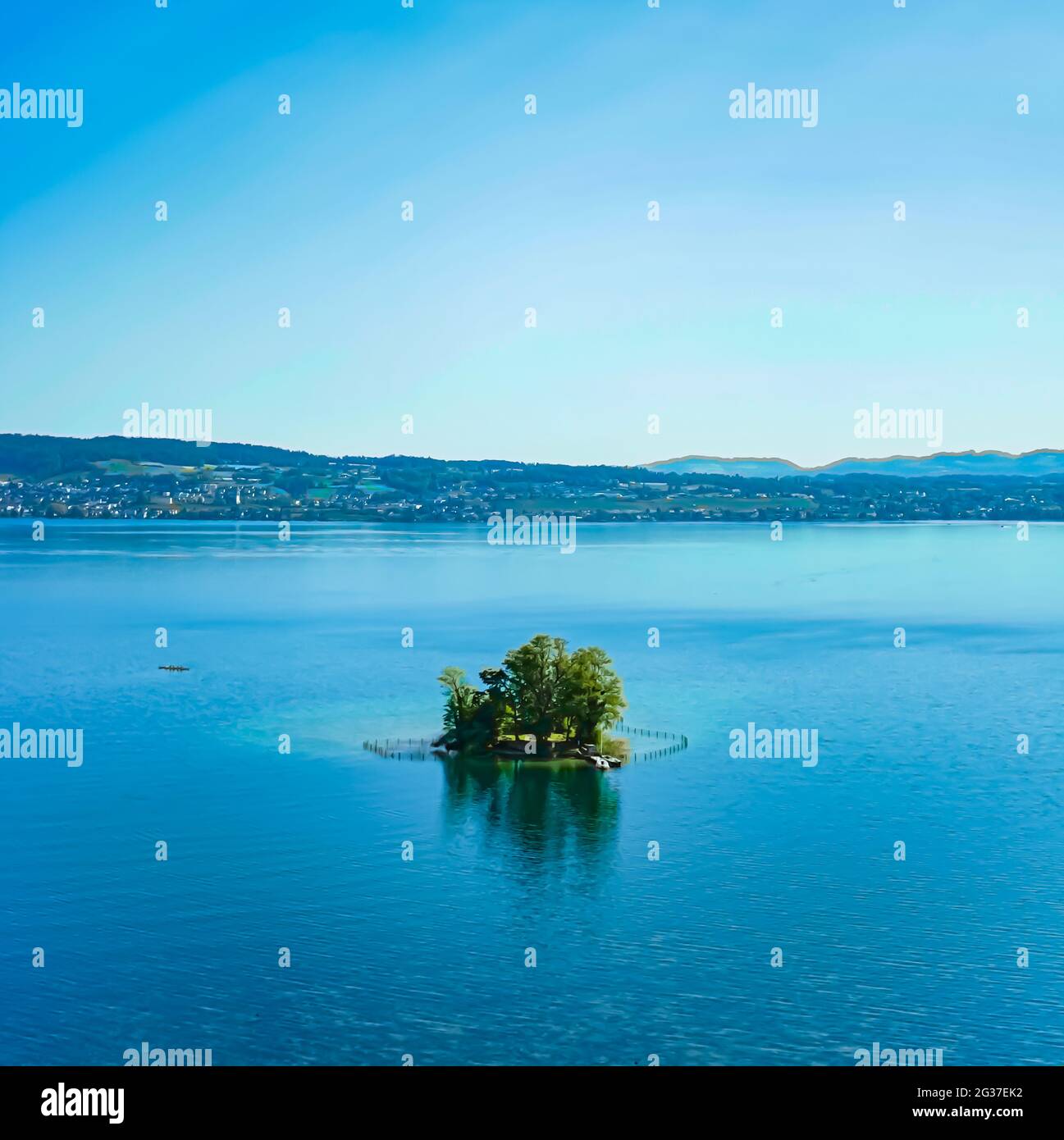 Lake Zurich in Wollerau, canton of Schwyz in Switzerland, Zurichsee, Swiss mountains landscape, blue water and sky in summer, idyllic nature and Stock Photo