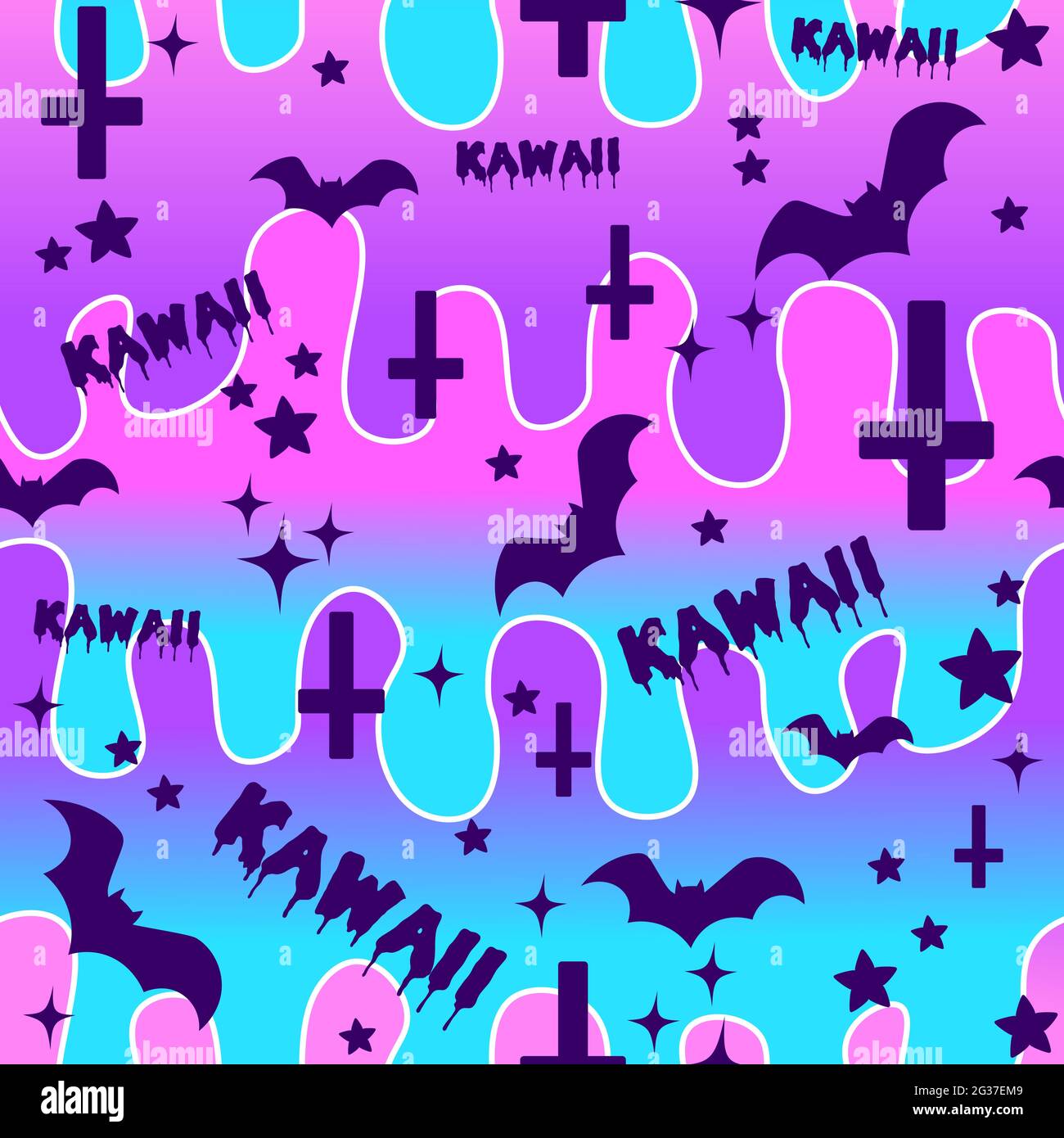 Dark lolita seamless pattern with bats, crosses and stars on a galaxy psychedelic background with gradient. Pastel goth repetitive texture Stock Vector