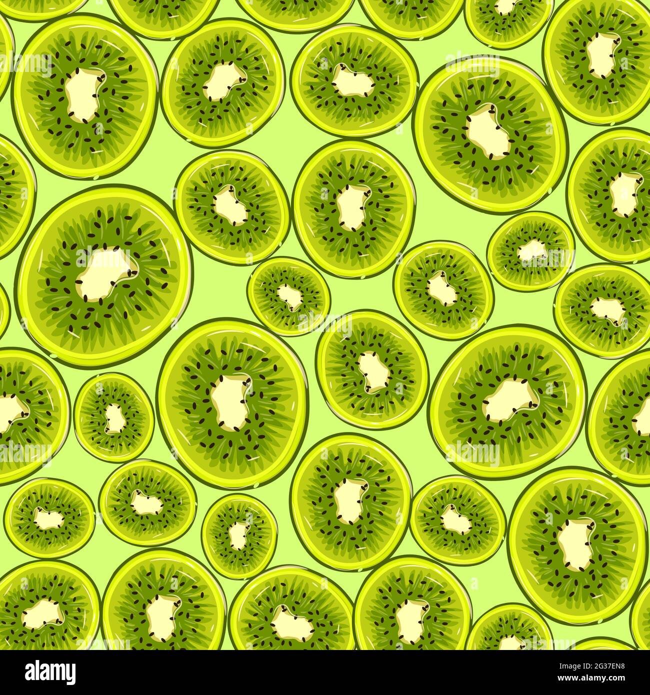 Green seamless pattern with ripe kiwis for summer. Repetitive background with citric fruits. Vector texture with tropical and organic food. Stock Vector