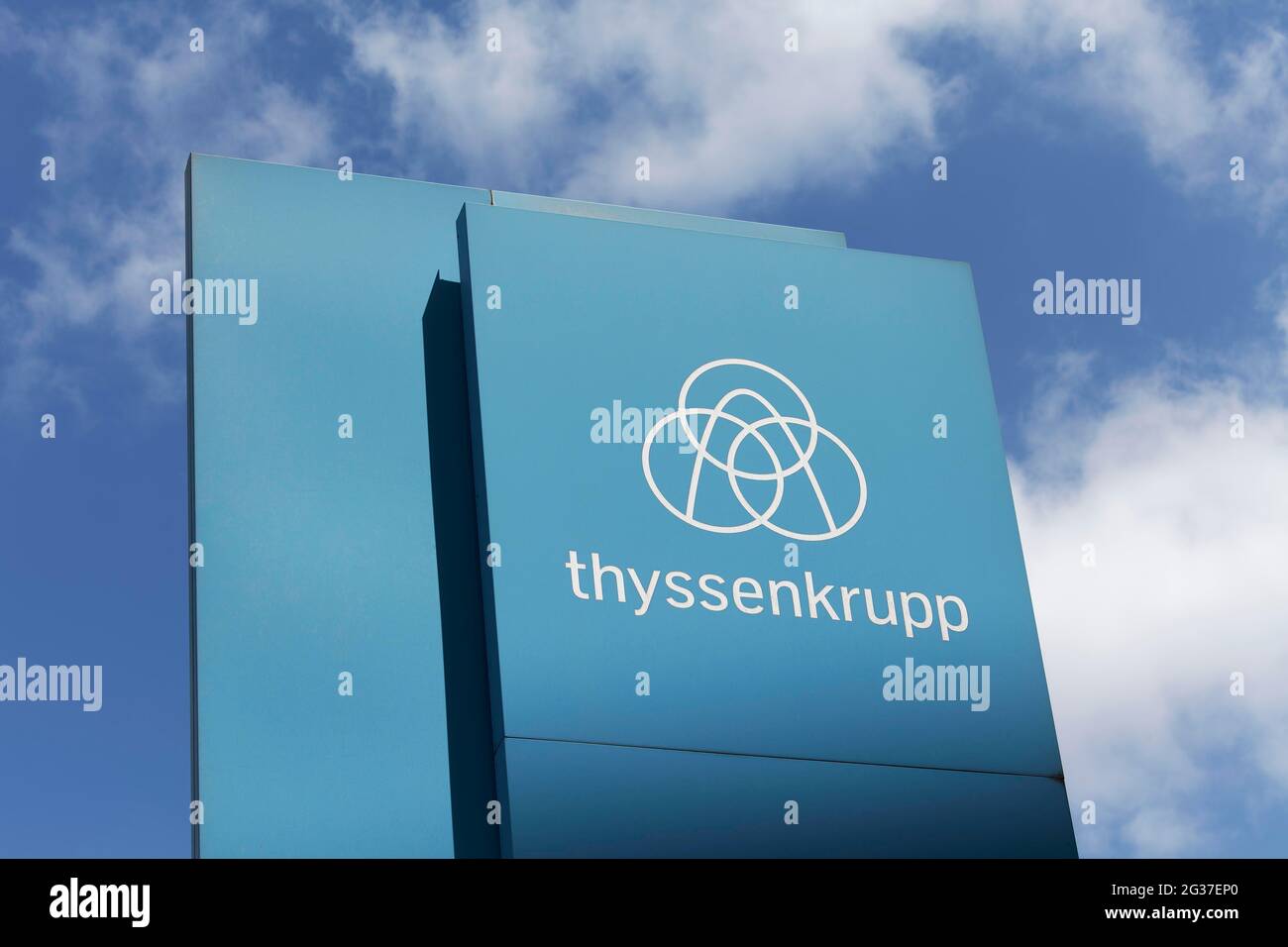 Column with logo Thyssenkrupp, Thyssen Krupp Steel Europe AG, Duisburg-Bruckhausen, North Rhine-Westphalia, Germany Stock Photo