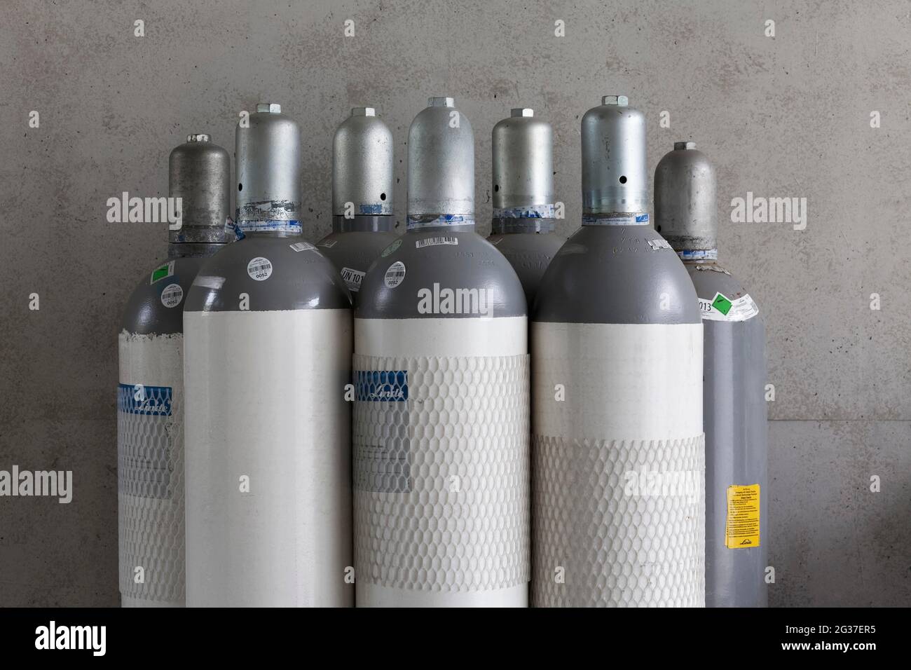 Steel cylinders with Biogon C gas from Linde AG, carbon dioxide, CO2, Duesseldorf, North Rhine-Westphalia, Germany Stock Photo