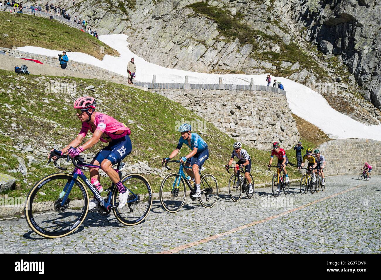 Switzerland, Tour de Suisse, Gotthard pass (Tremola)  - Rigoberto Uran, Jacob Fuglsang Stock Photo