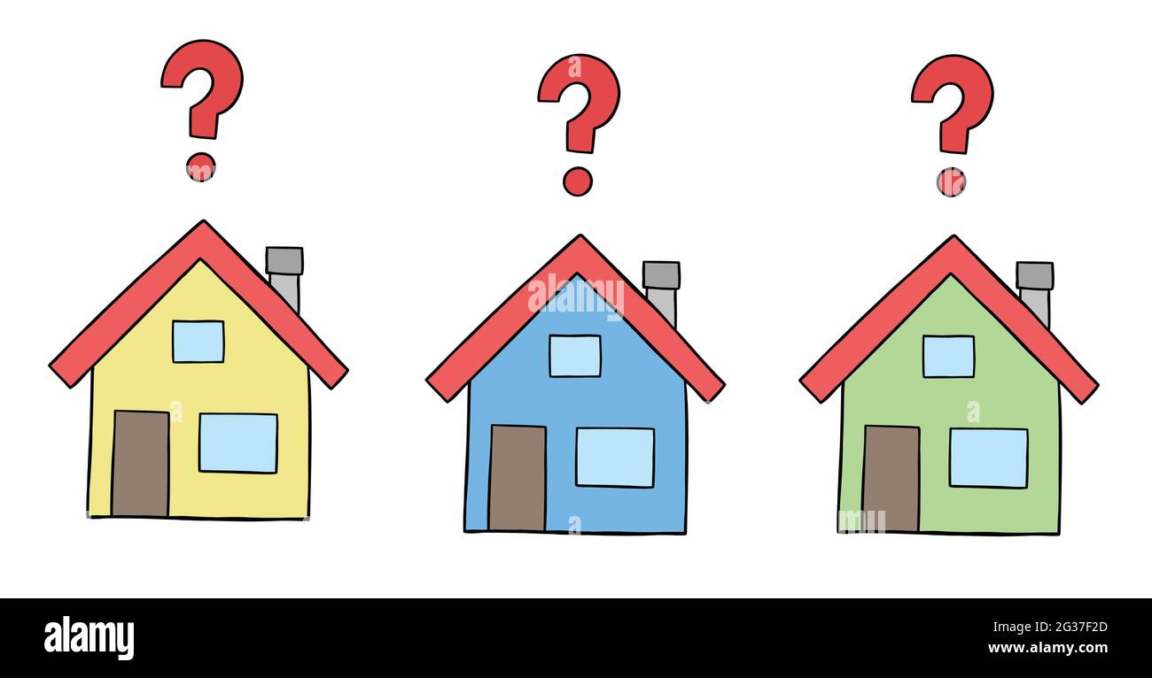Cartoon vector illustration of three houses with question marks
