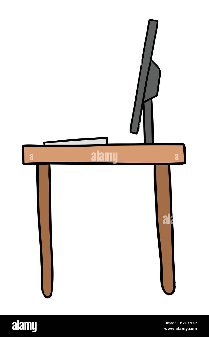 Cartoon vector illustration of computer desk. Colored and black