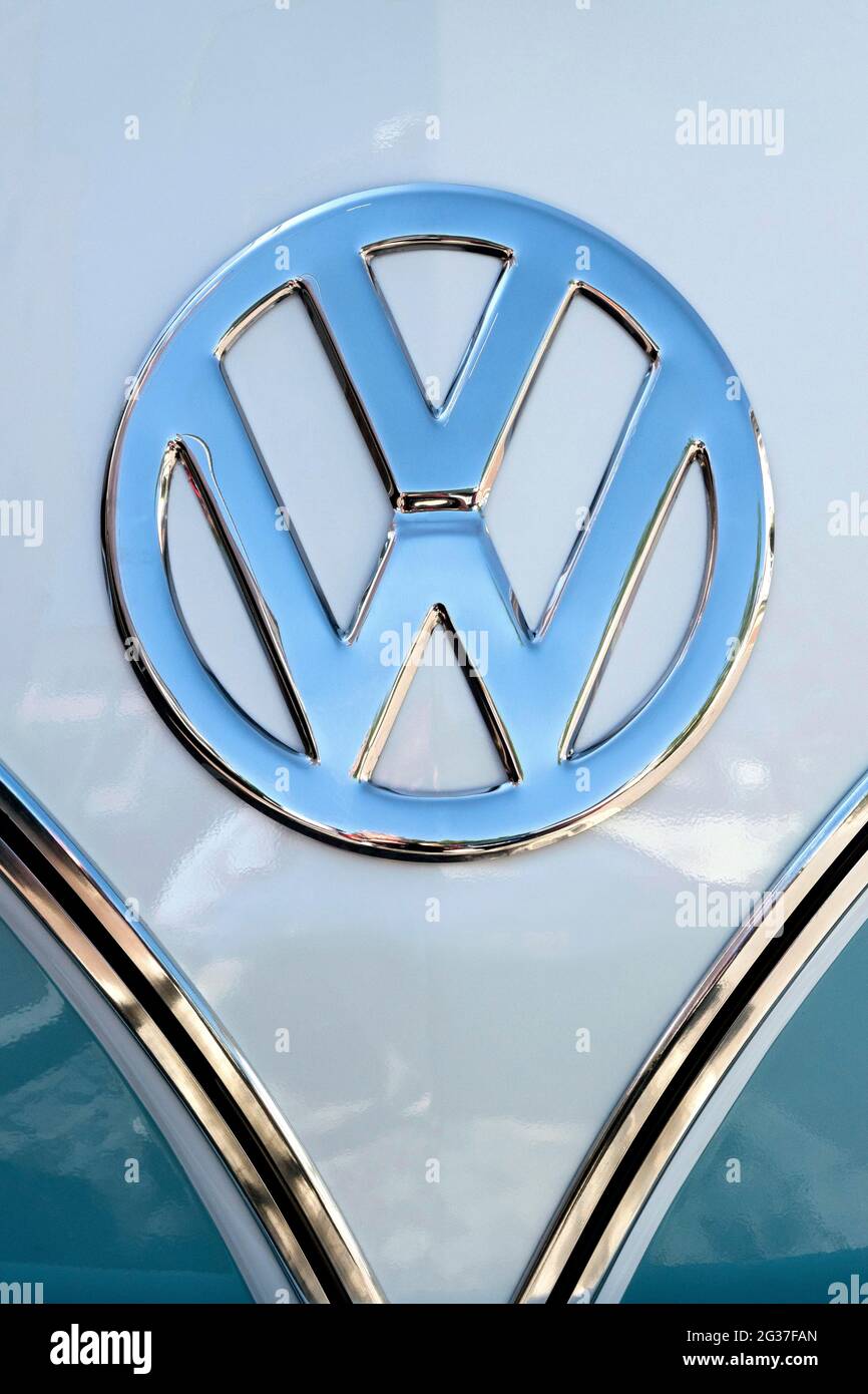 Chrome VW logo on the front of a Volkswagen Type 2 Transporter, VW Bus