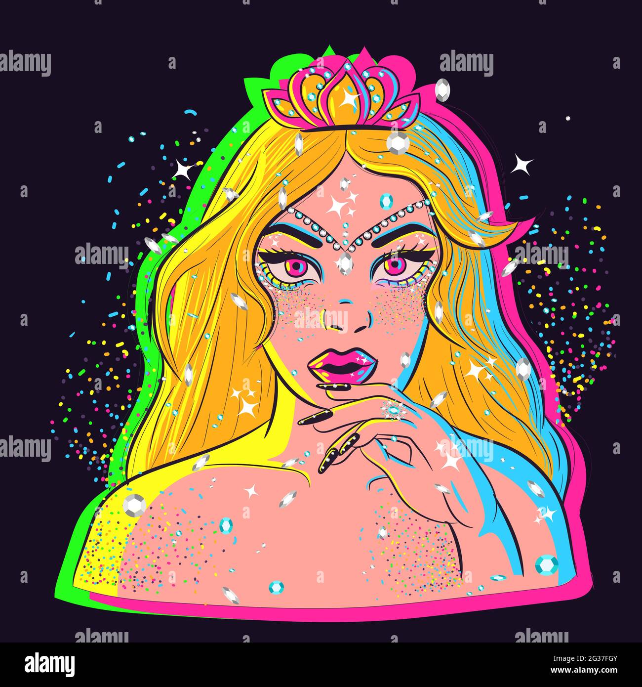 Conceptual art of a blonde woman covered in diamonds, glitter dust and magic sparkles.Princess under neon lights wearing a tiara, gold and pearls. Stock Vector