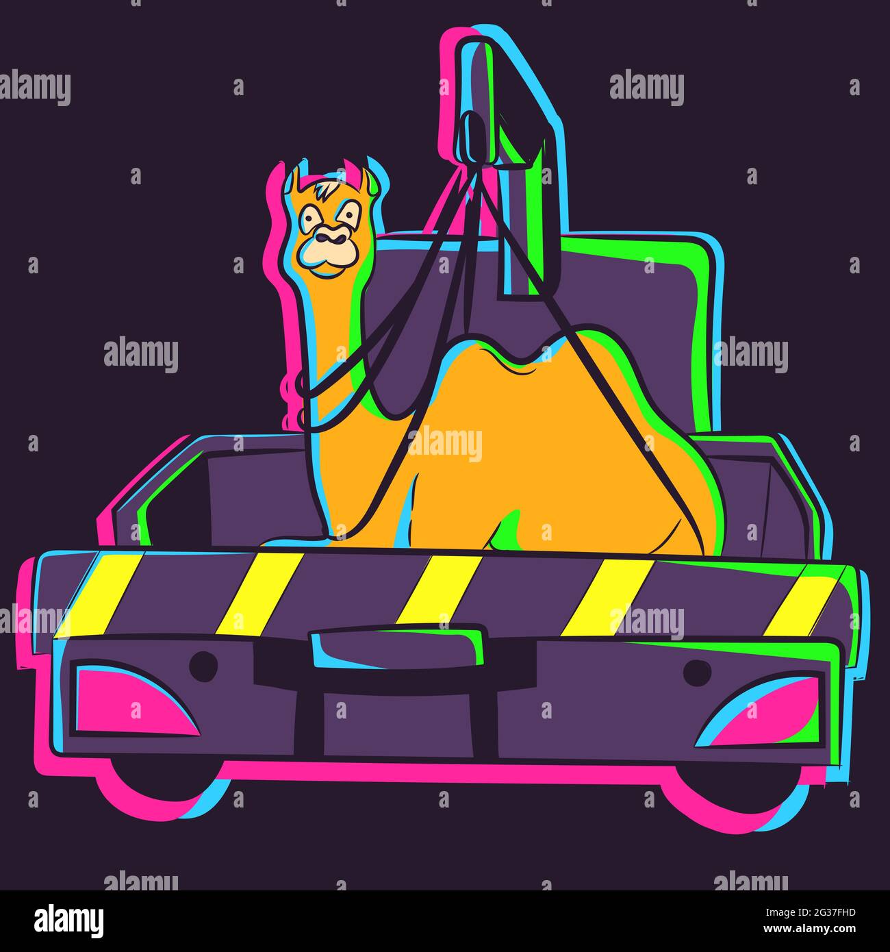 Vector of a camel in a towing car. Illustration of a neon animal inside a tow. Stock Vector