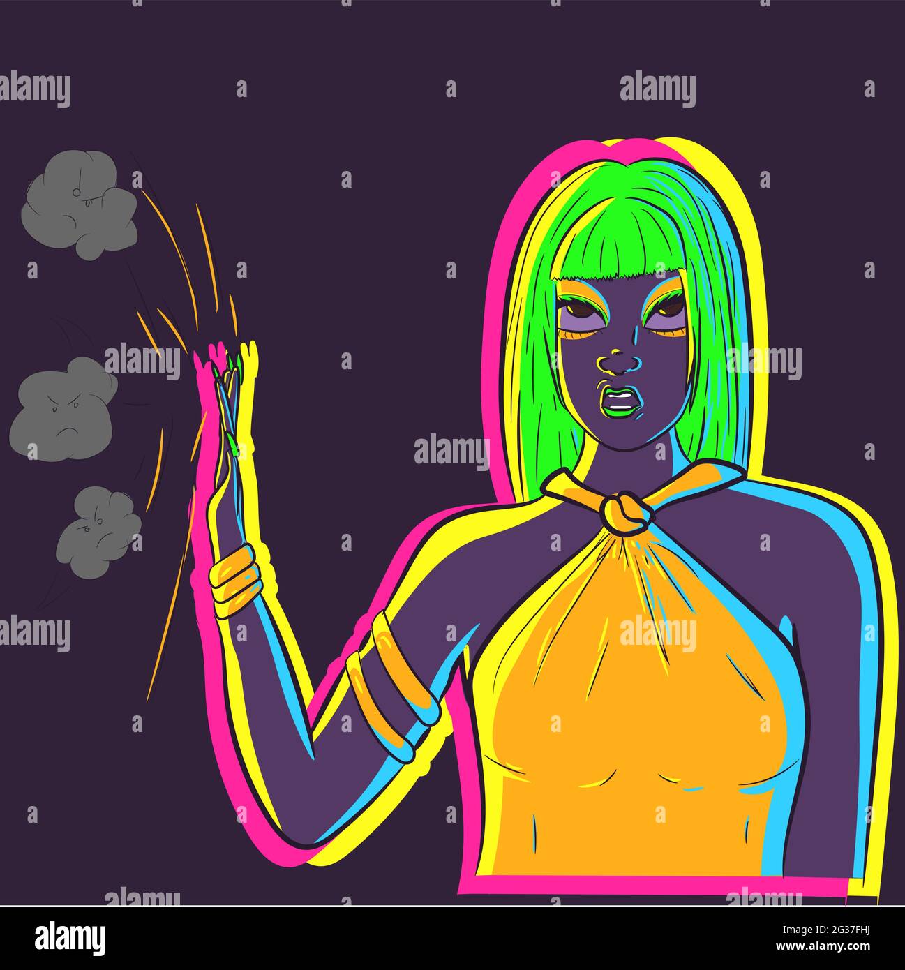 Talk to my hand vector. Illustration of a neon woman glowing in the dark under UV light ignoring everyone and stoping negativity. Drag queen with gree Stock Vector