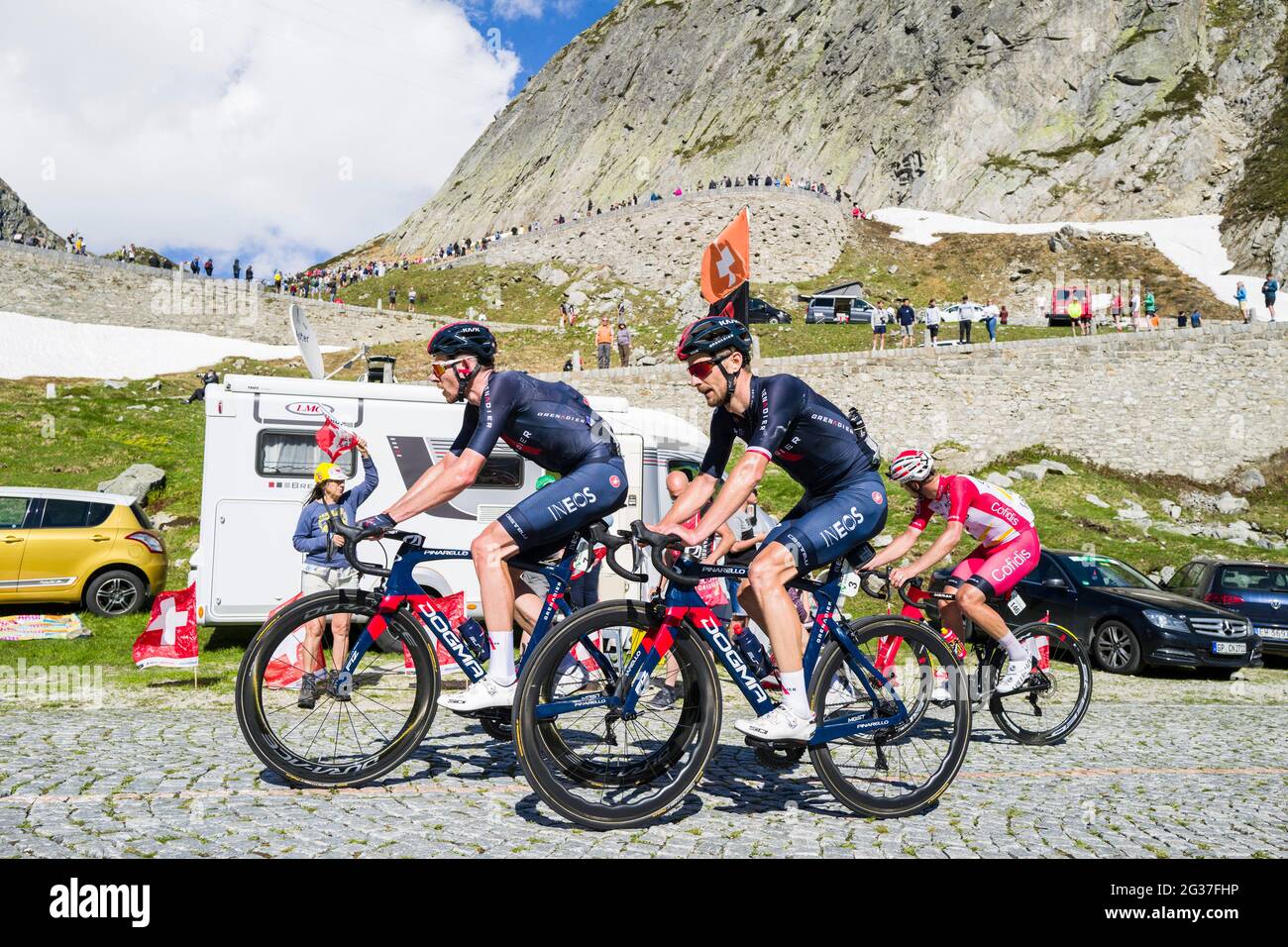 Switzerland, Tour de Suisse, Gotthard pass (Tremola)   - Luke Rowe, Szymon Sajnok, Michael Golas Stock Photo