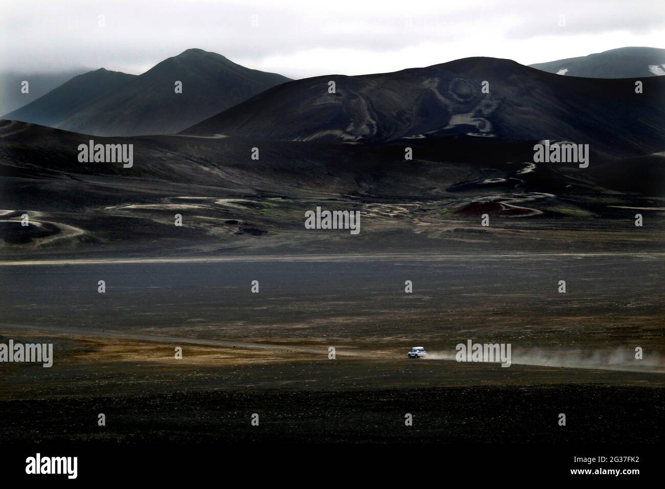 Lava desert, black lava landscape, highland track, dirt road, vehicle ...
