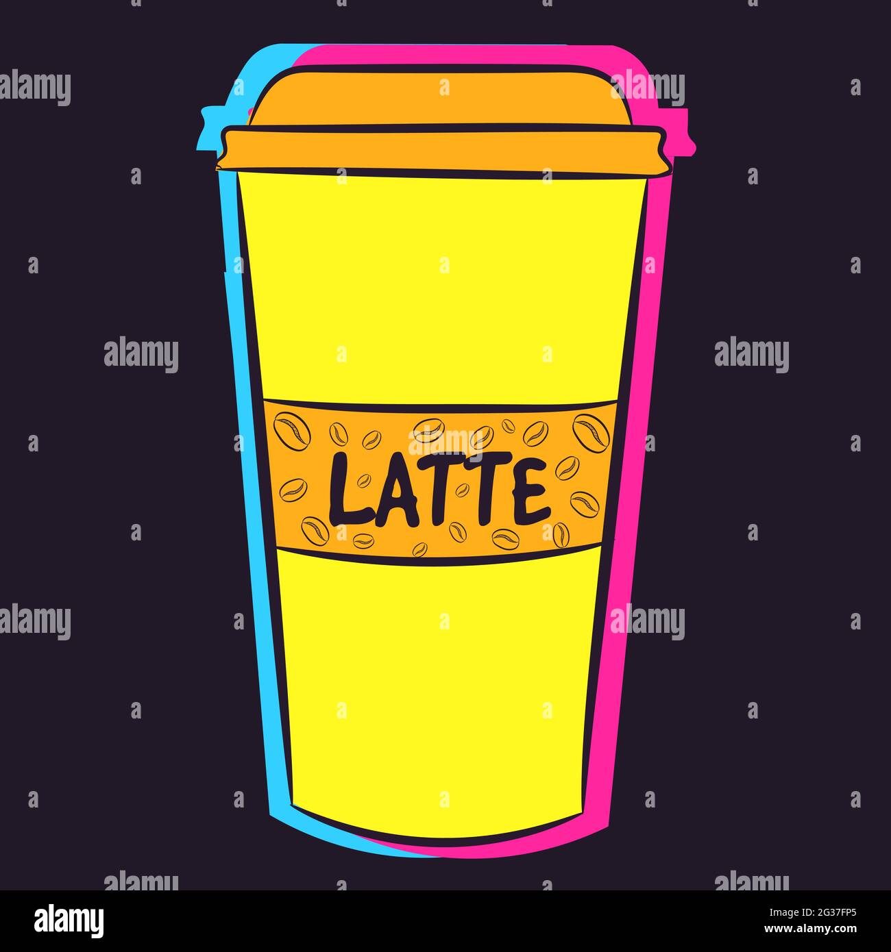 Neon plastic cup of coffee with a name written on it. Liquid Latte with caffeine in a yellow container. Stock Vector