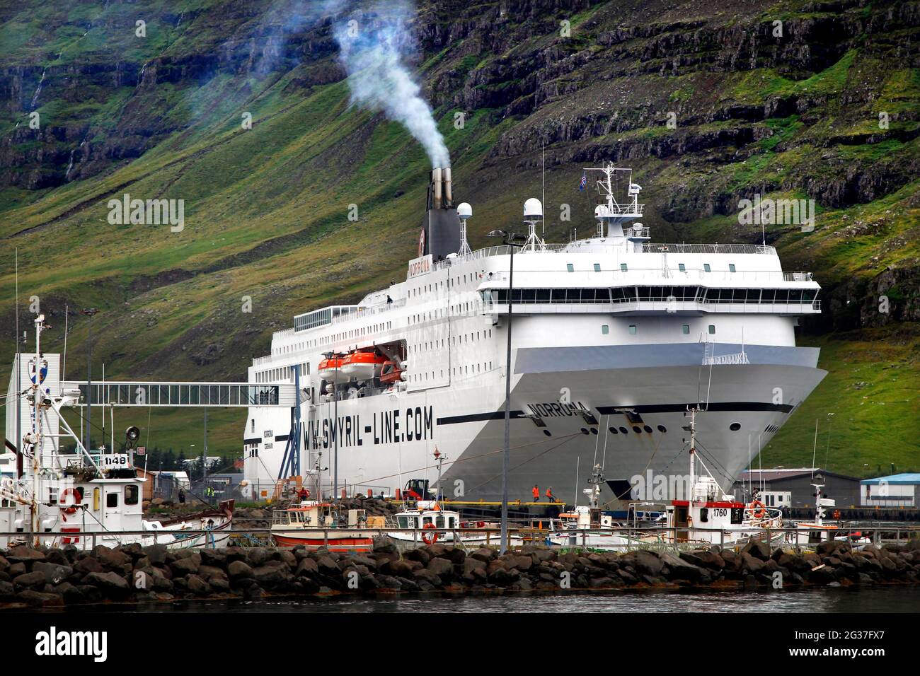 Port, Denmark and Faeroer ferry Norroena, Smyril Line ship, Seyoisfjoerour, Iceland Stock Photo