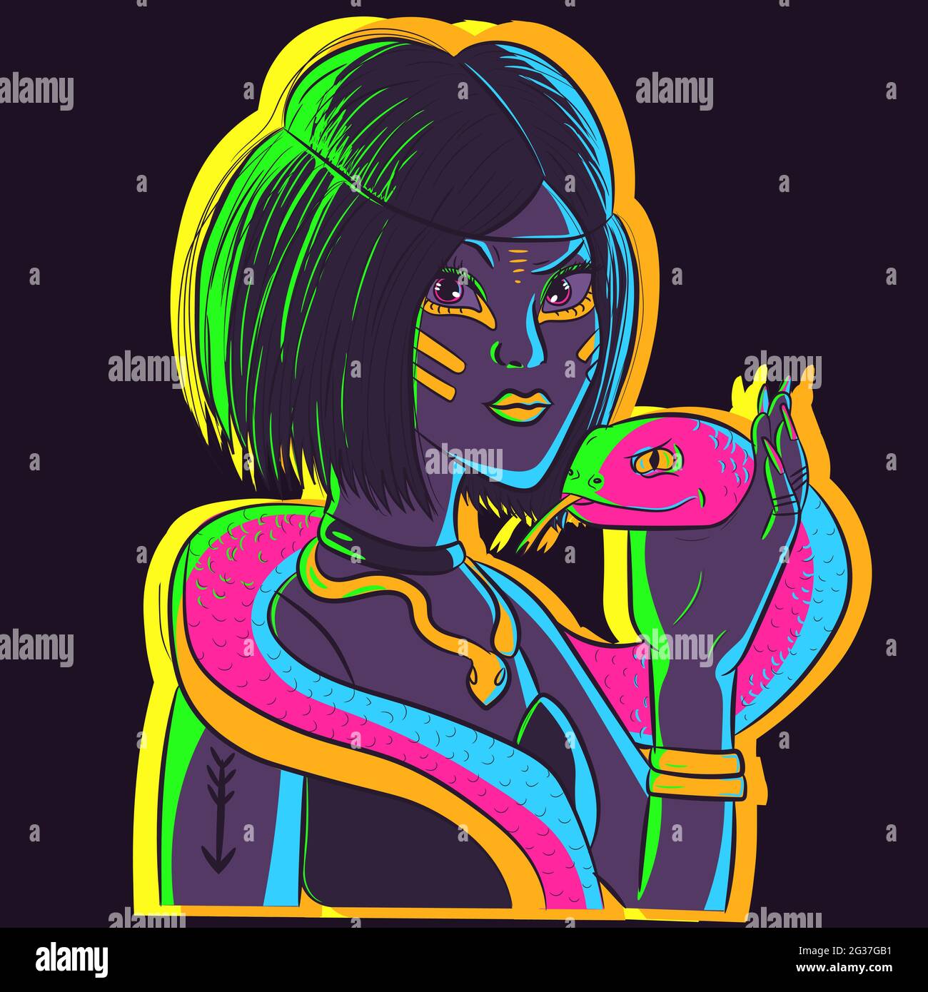 Tarot card conceptual art with a young woman taming a snake around her neck. Psychedelic neon illustration with surreal colors and a bohemian woman wi Stock Vector