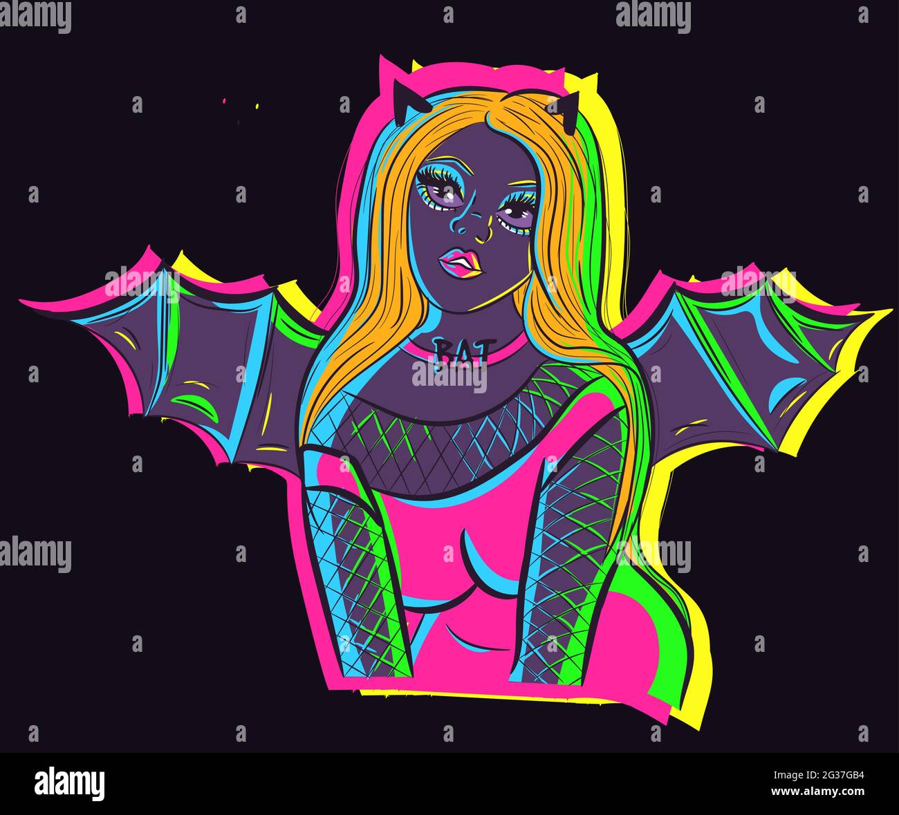 Colorful woman glowing in the dark under neon lights and posing for the camera. Halloween conceptual art of a young blonde woman wearing a bat costume Stock Vector