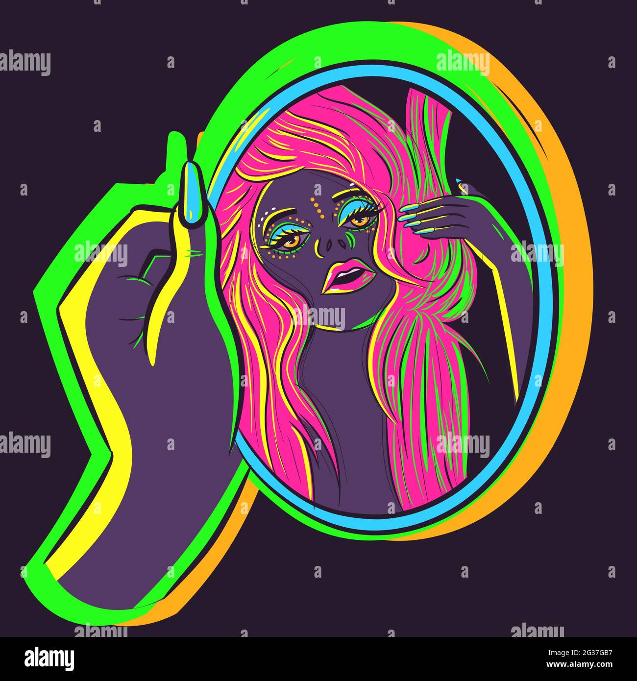 Vector art of a woman with pink hair holding a mirror and flipping her hair with her hand. Illustration of a fabulous girl under neon lights admiring Stock Vector